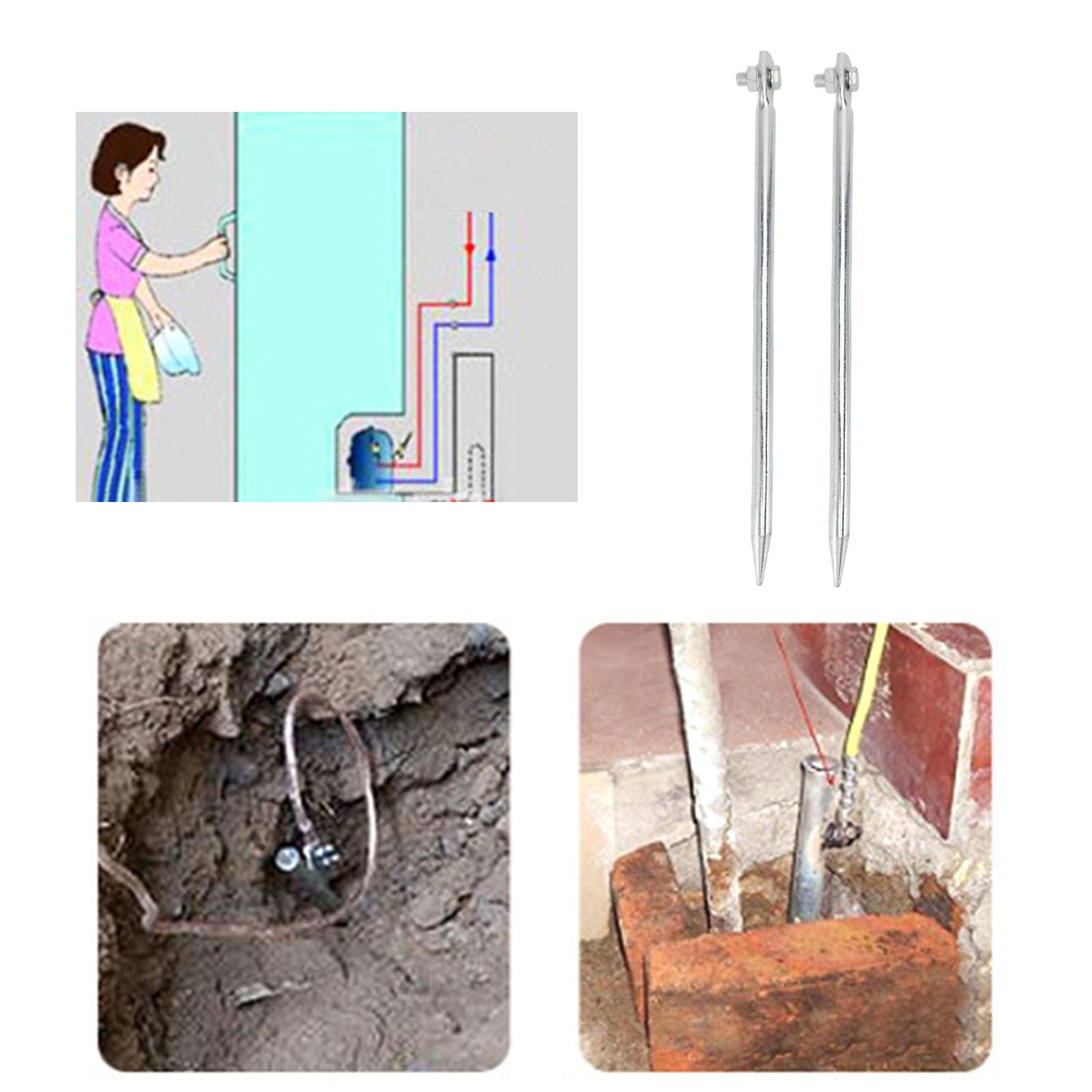 2 PC Varilla Molida Portátil Pin de Conexión a Tierra de Hierro Plateado de Cobre, 12x300 Mm, Cercas Eléctricas, Antenas con Estacas de Tierra, para la Ingeniería Al Aire Libre