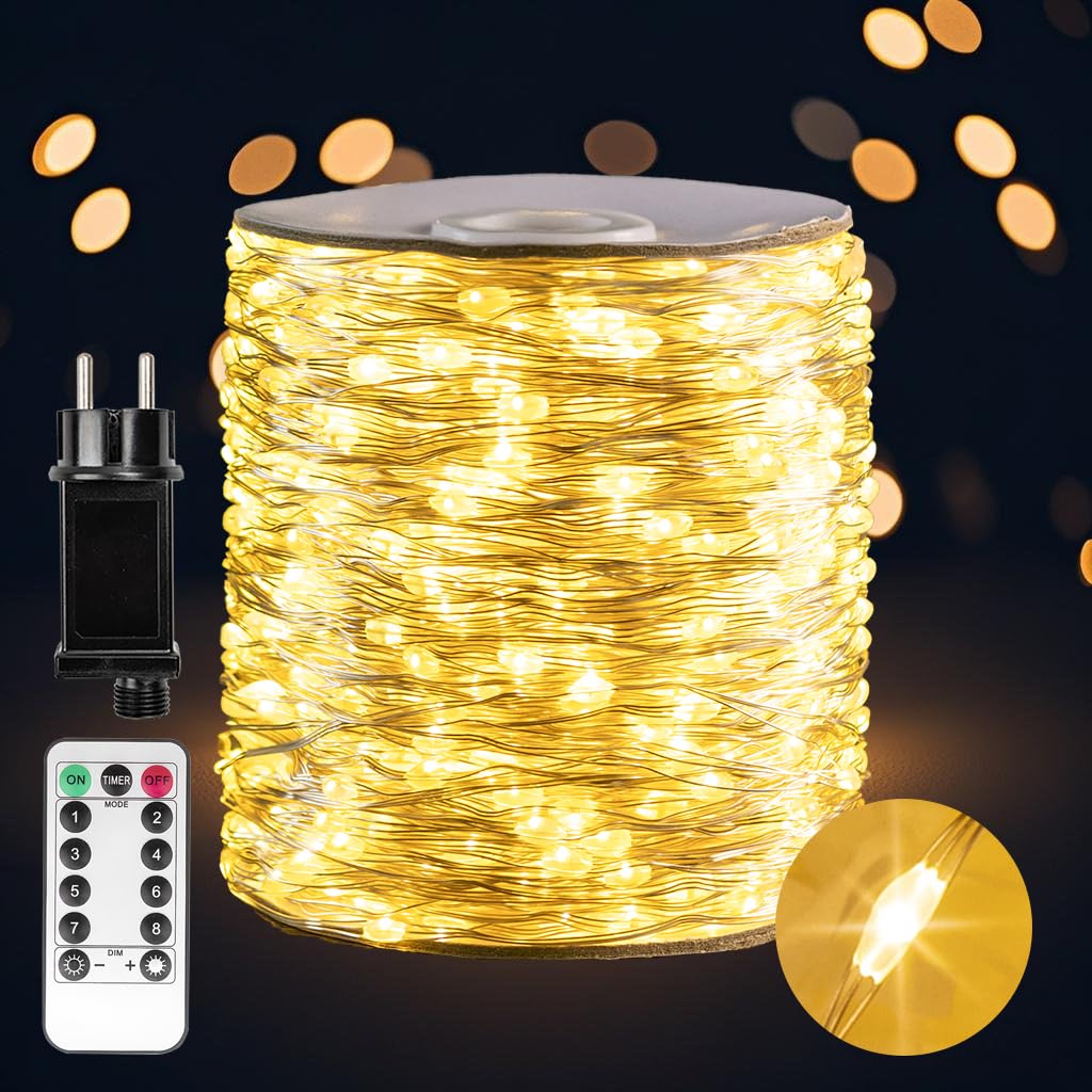 Die 160 Meter langen, 1600 LED warmweißen silbernen Fairy Lights mit Fernbedienung – Lichterkette für Innen- und Außenbereich für Zimmer, Wohnzimmer, Terrasse, Veranda, Garten, Weihnachtsbaum