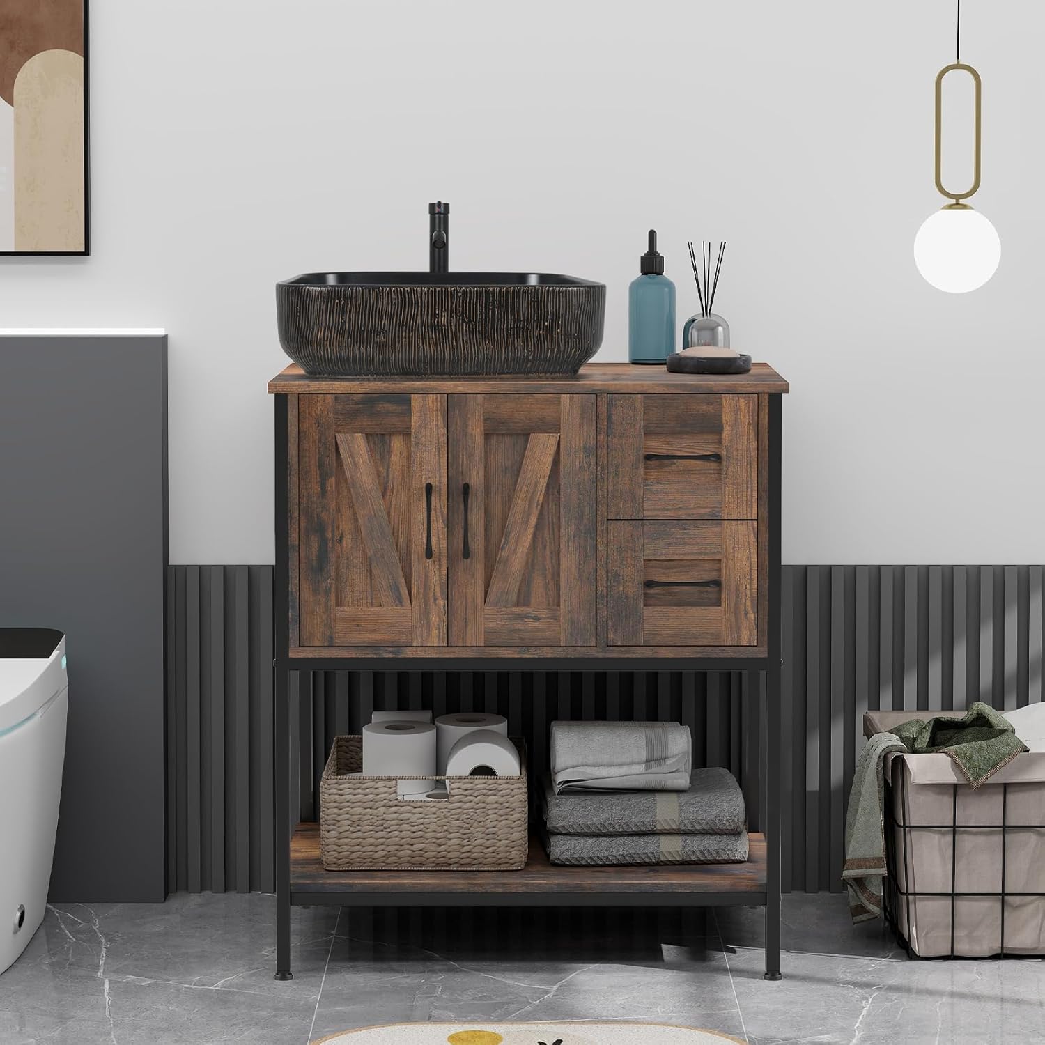 YOURLITE Bathroom Vanity, 30" Rustic Brown Bathroom Vanity with Sink Combo Set, Farmhouse Modern Wood Cabinet with Black Art Ceramic Vessel Sink