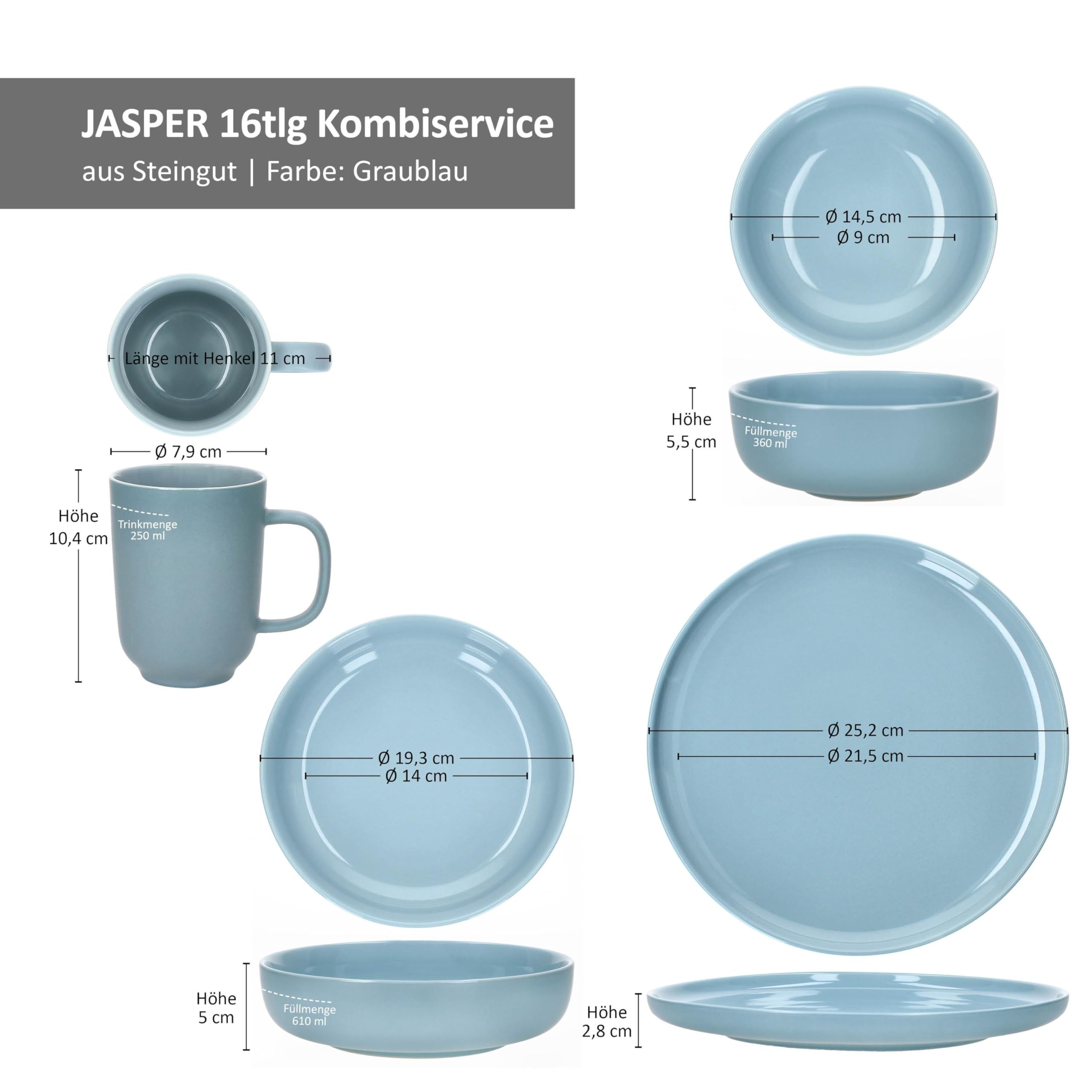 Ritzenhoff & Breker Jasper Service de table combiné 16 pièces pour 4 personnes I Service de table en faïence avec 4 tasses à café de 250 ml, bols de 360 ml, assiettes creuses et assiettes plates I