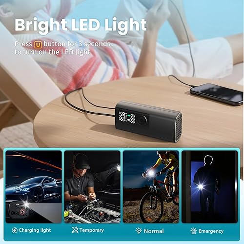 Miniatura 6 de Inflador de neumáticos, compresor de aire portátil, bomba de aire inalámbrica para neumáticos de automóvil con medidor de presión digital, bomba de