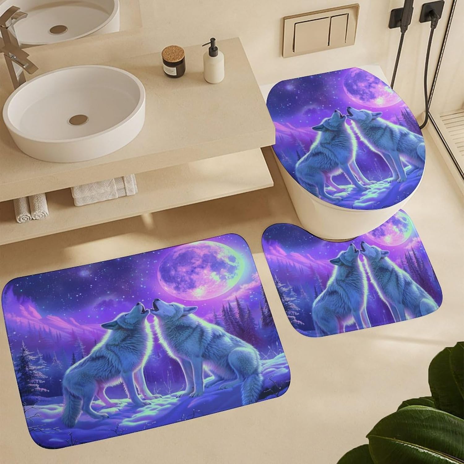 4Pcs Snow Forest Wolf Shower Curtain Set with Toilet Lid Cover U-Shaped Mat and Non-Slip Rugs, Novelty Moon Star Fantasy Nature Shower Curtain Bathroom Decor Set, 72" x 72"