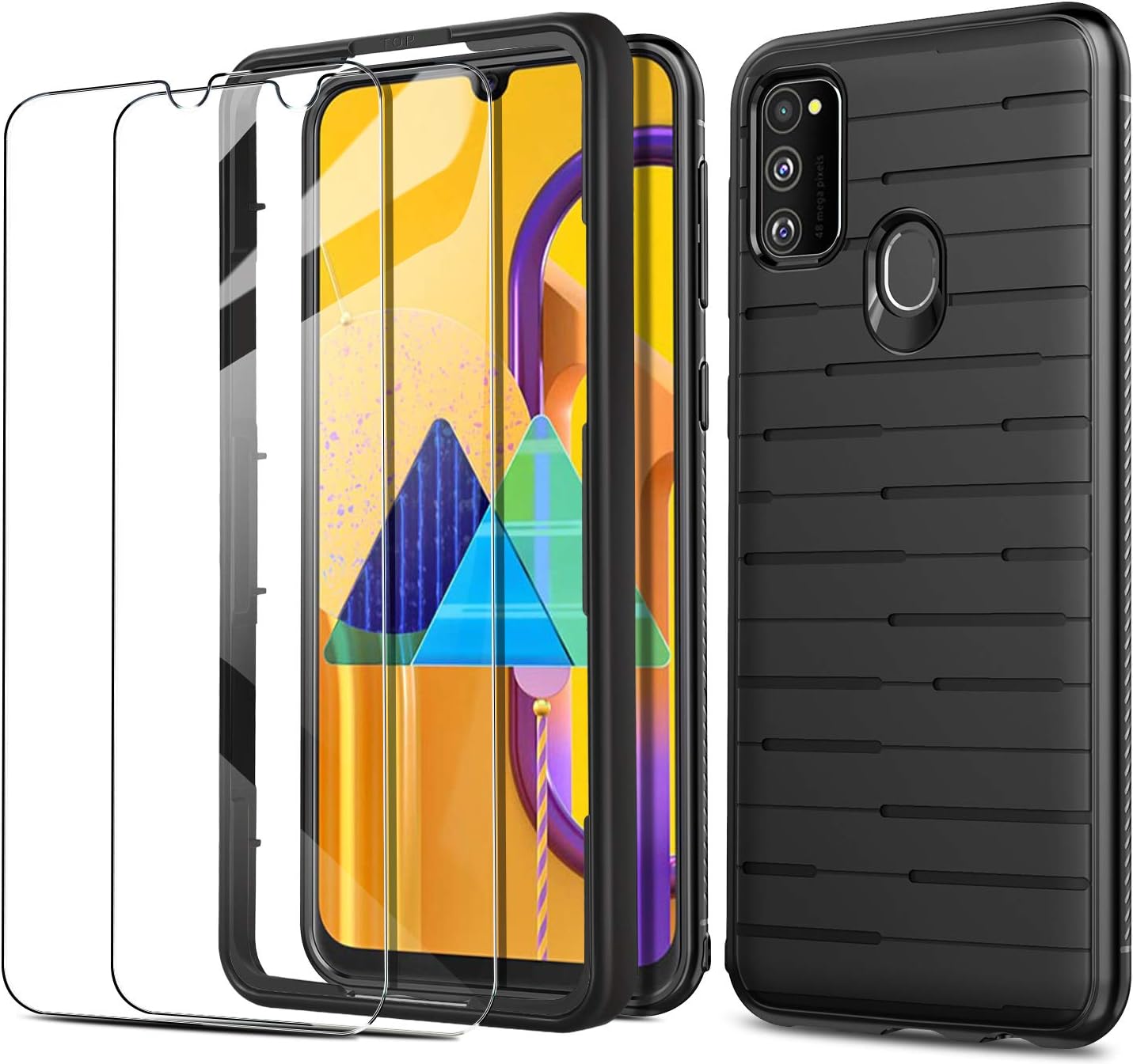 HOUROC Case for Samsung Galaxy M30S + Tempered Glass Fully Refurbished Samsung Galaxy M30S Case, 2 Pack Tempered Glass 9H Screen Protector for Samsung Galaxy M30S