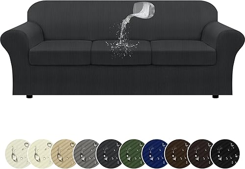 Miniatura 11 de Funda para sofá 100% impermeable, juego de 4 piezas, funda de sofá a rayas para sofá de 3 cojines, con parte inferior de TPU a prueba de fugas