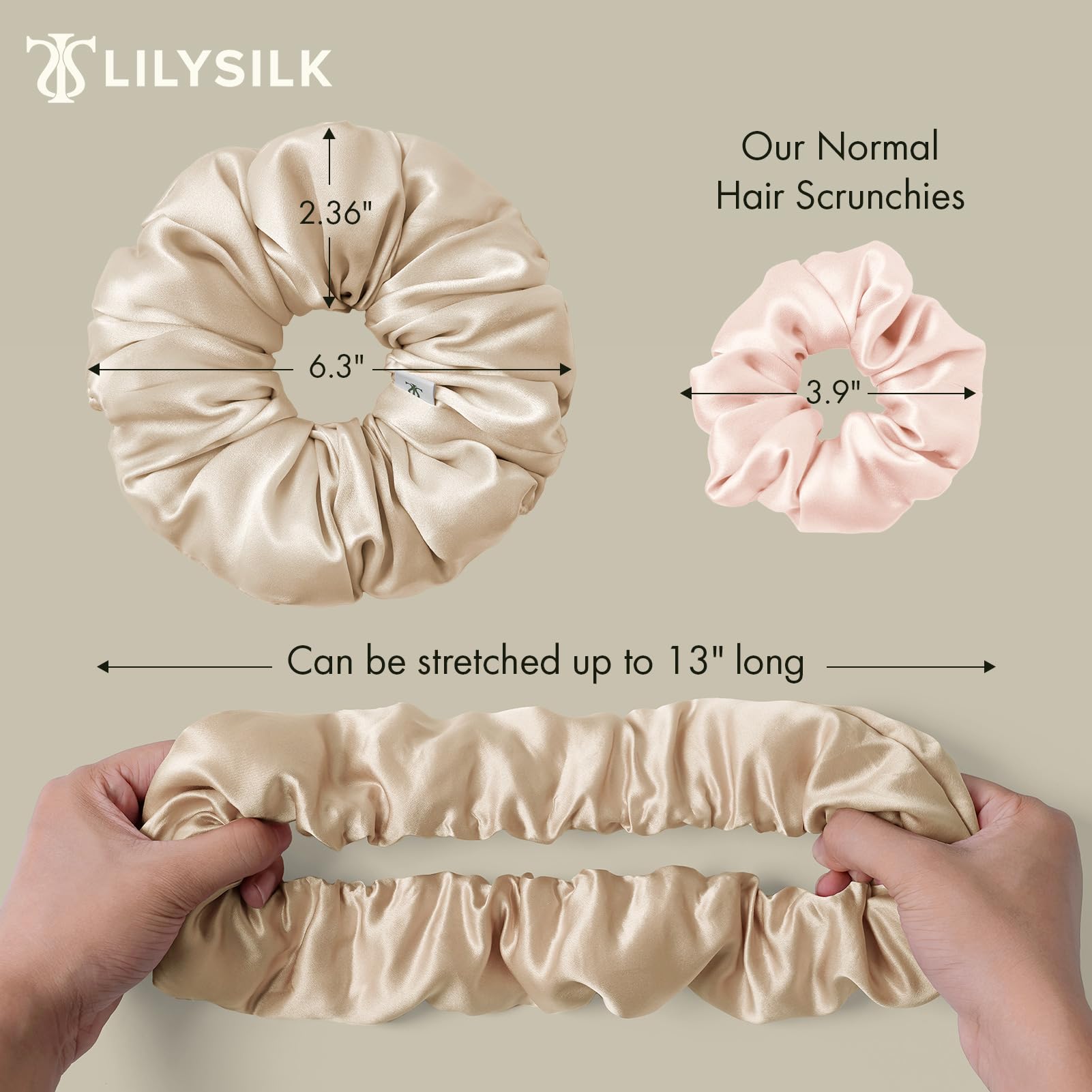 LILYSILK Women's 100% Mulberry Silk Big Hair Scrunchies Ladies Pure Silk Filled Giant XL Ponytail Holder Oversized Elastic Hair Tie Band Large Jumbo Hair Bobble for Breakage Prevention(Gravel Gold) - Image 2
