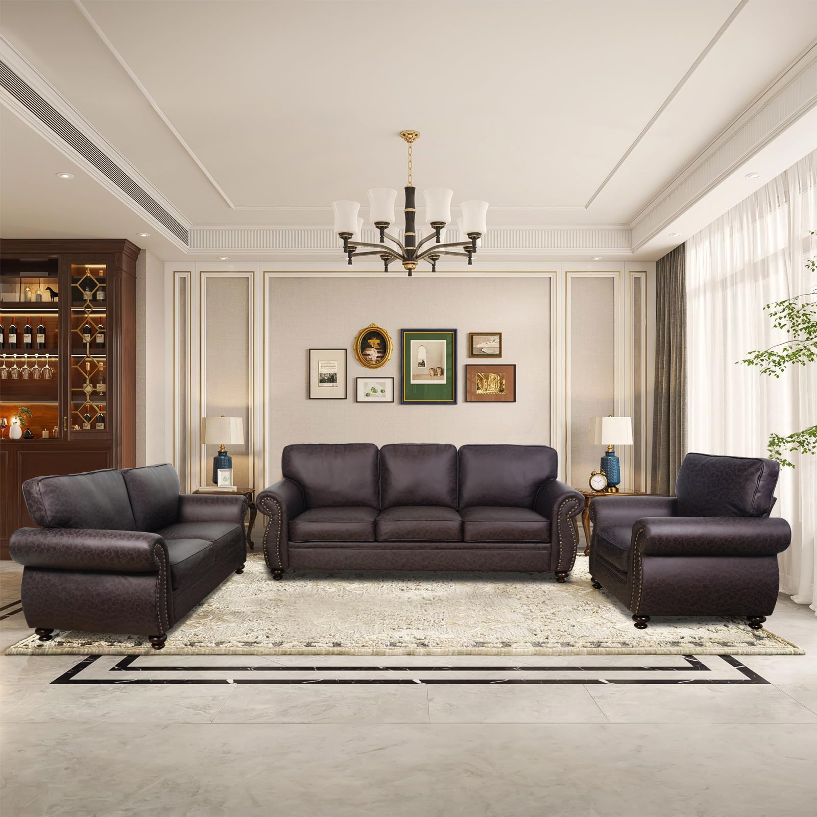 Sponsored Ad - Living Room Furniture Sets,Sofa Sets and Couch Sets for Living Room,Mid-Century Vintage Sofa Couches with Rivet Design (Brown, Single+Loveseat+3 Seater)