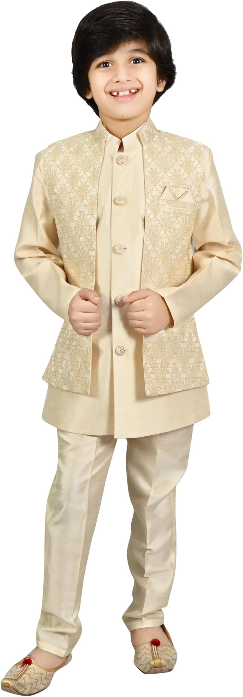 AHHAAAA Kids Ethnic Silk Blend Waistcoat Kurta Pyjama Sherwani Set For Boys