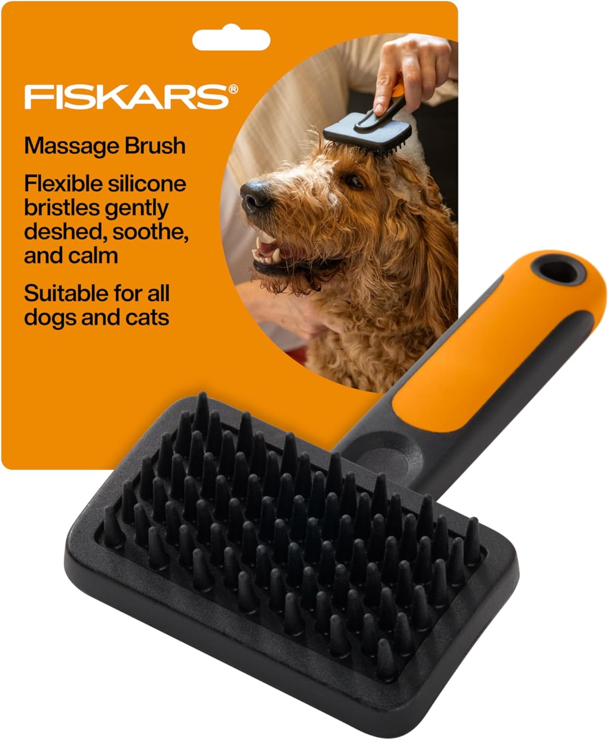 Fiskars Pet Massage Brush, Cat and Dog Brush, Flexible Silicone Bristles & SoftGrip™ Handle for Gentle Deshedding, 6.5”, Orange/Black