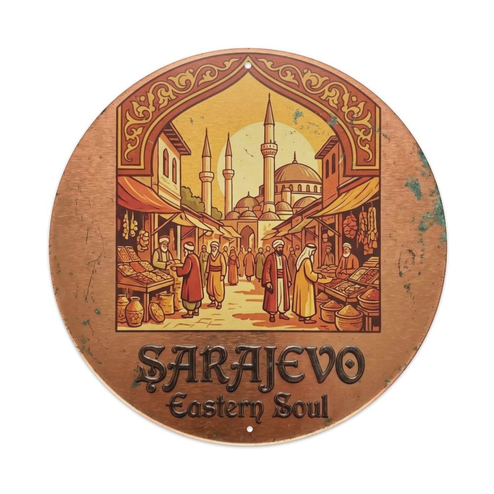 Bazaar Ottoman Courtyard Marketplace Metal Tin Sign Plaque Wall Decor for Cafe, Club Bar, Office, Home Garden Round Metal Poster 8x8Inch