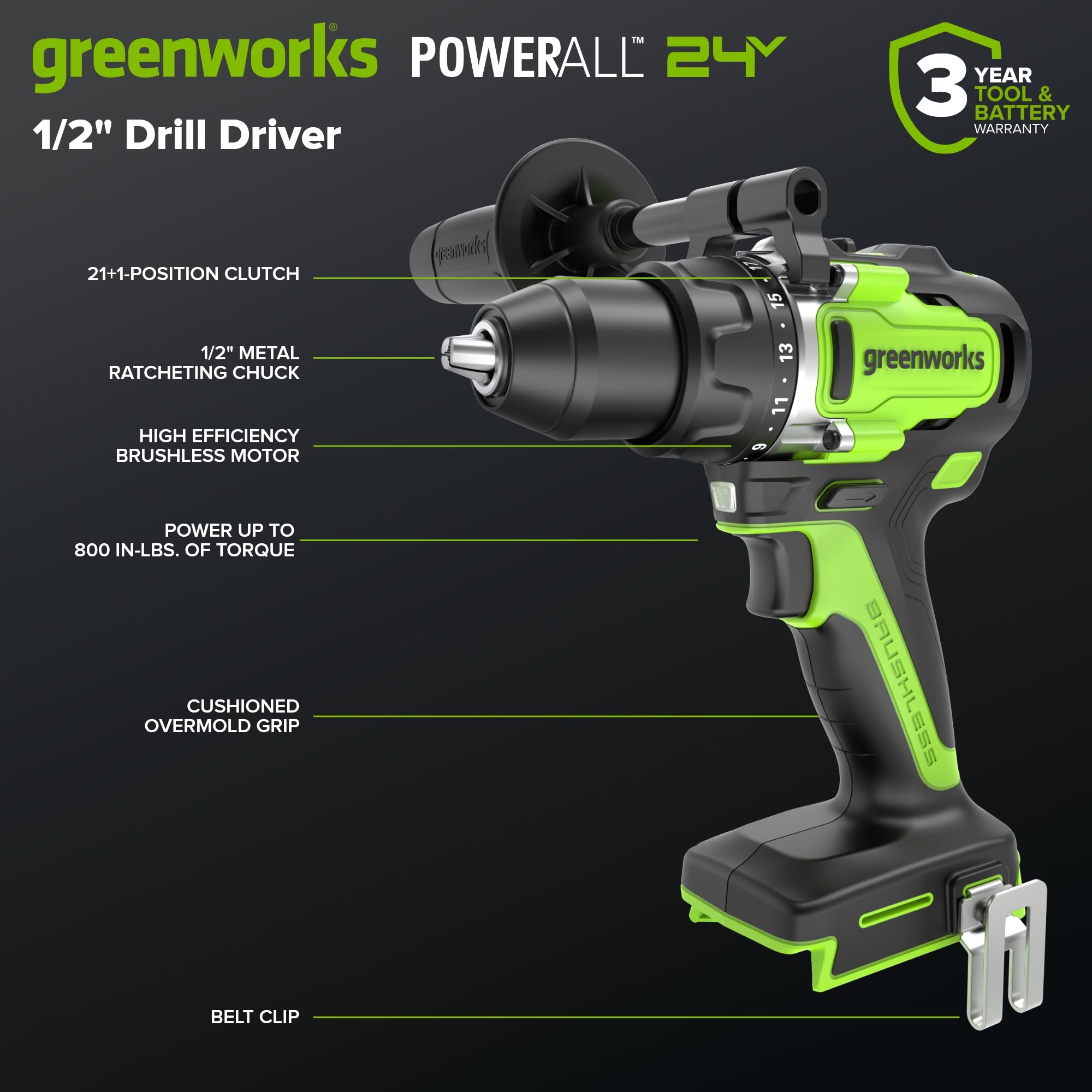 Greenworks 24V Cordless Brushless 90Nm Taladros atornilladores, Grado profesional, embrague 21, batería USB-C de 4.0Ah, cargador rápido USB-C de 65W (3 puertos) y cable USB C a USB C DD590