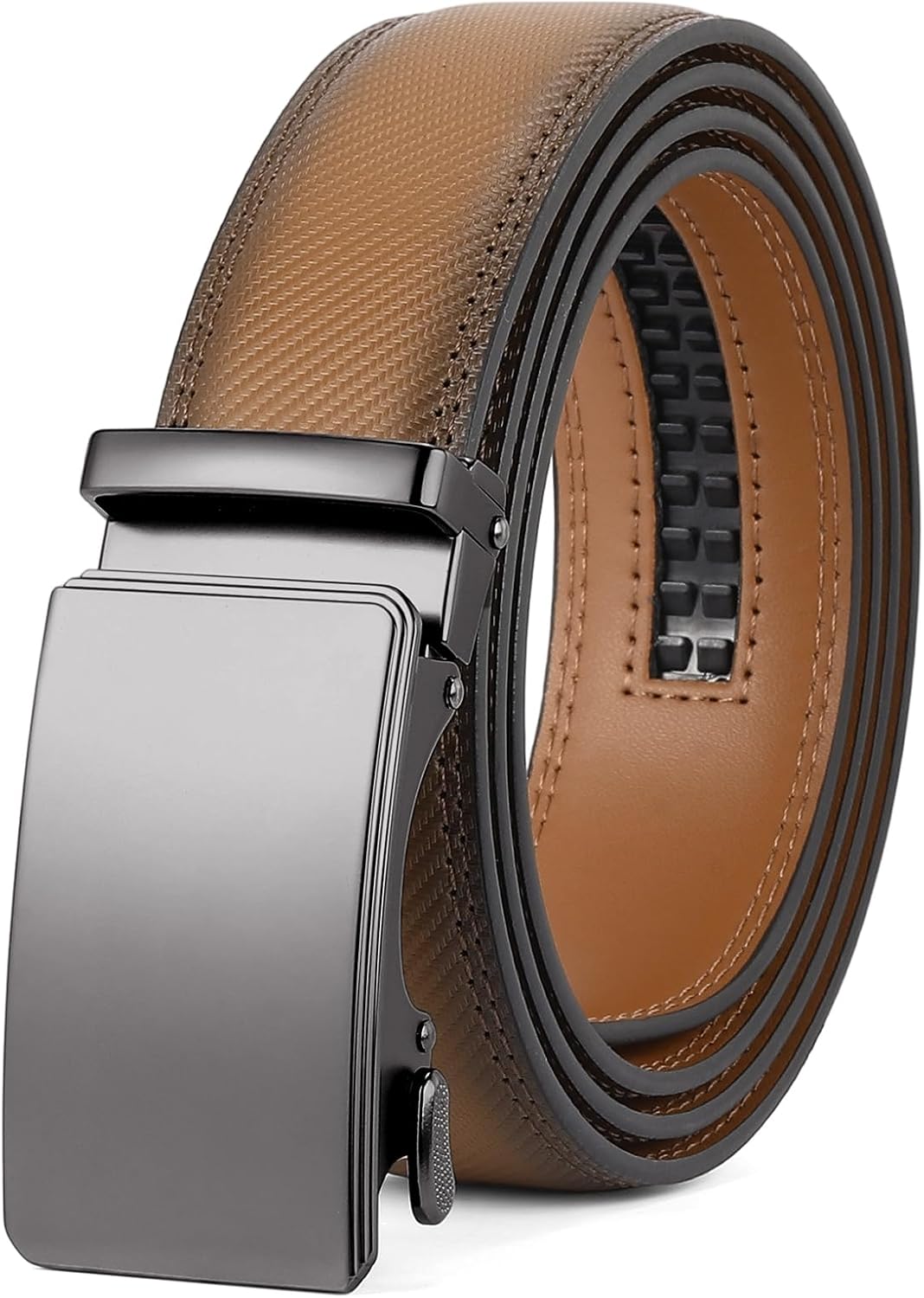  Leather Belt for Men Automatic Ratchet Buckle Slide Dress Casual Belts 1 3/8'' Wide Adjustable Trim to Fit(Black-20) thumbnail