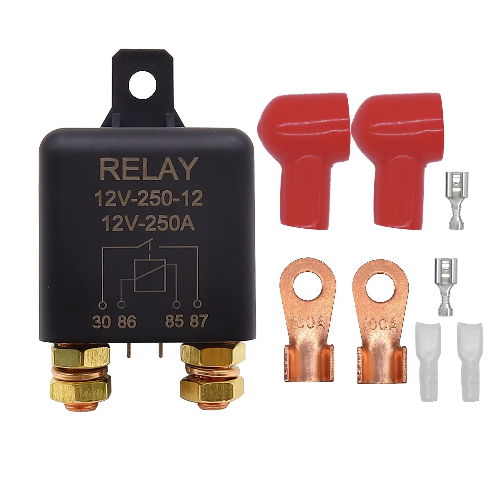 HISports 12V 250A Heavy Duty Battery Isolator Relay - Split Charging for Car, Truck, Boat with 2 Pin Base + 2pcs 100A Terminals