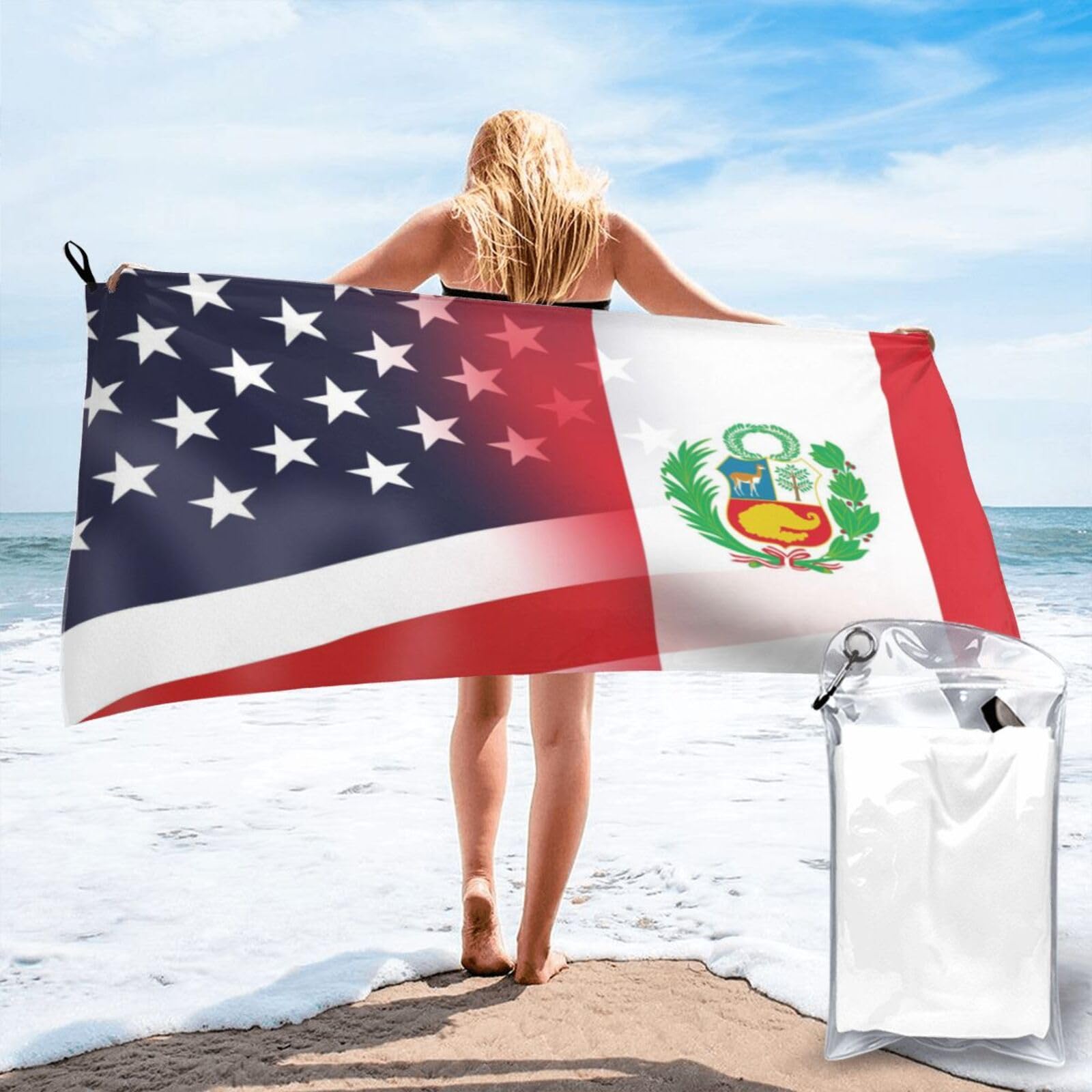 HACXZ Funny America Flag and Peru Flag Absorbent Beach Towel Microfiber Beach Shower Towel 27.5"X55"