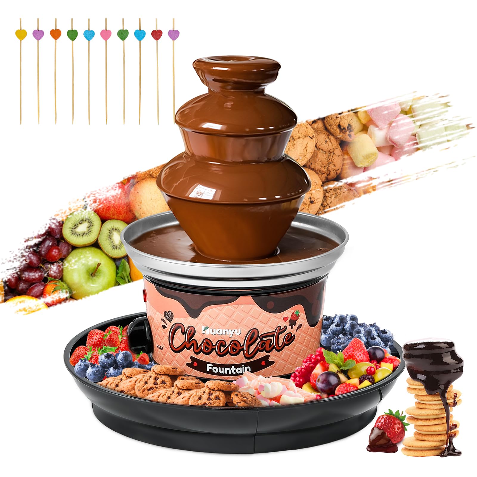 Huanyu Tier Mini Chocolate Fountain Machine 10 Bamboo Skewers