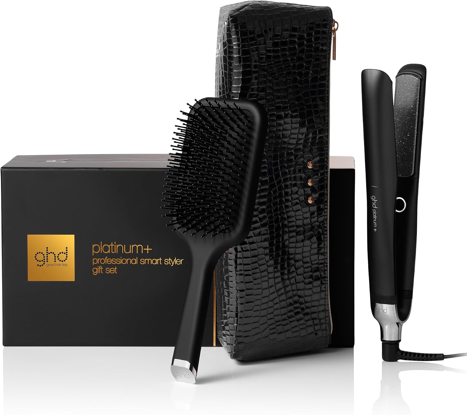 Platinum+ Professional Smart Flat Iron, Black, with Ultra-Gloss Ceramic Plates, Heat-Resistant Bag, All-Rounder Paddle Brush, Festive Gift Set