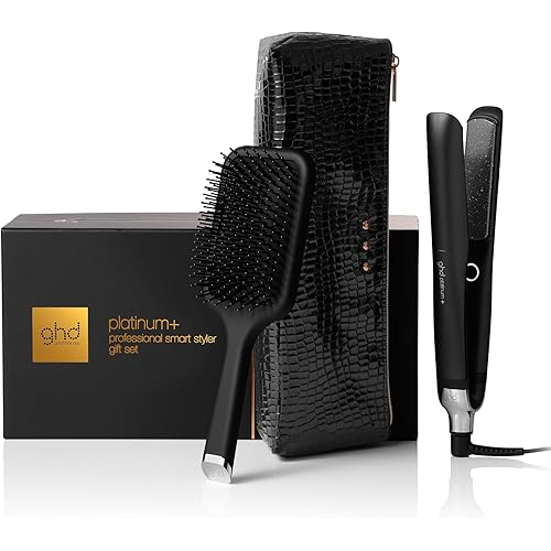 ghd Platinum+ Professional Smart Flat Iron, Black, with Ultra-Gloss Ceramic Plates, Heat-Resistant Bag, All-Rounder Paddle Brush, Festive Gift Set