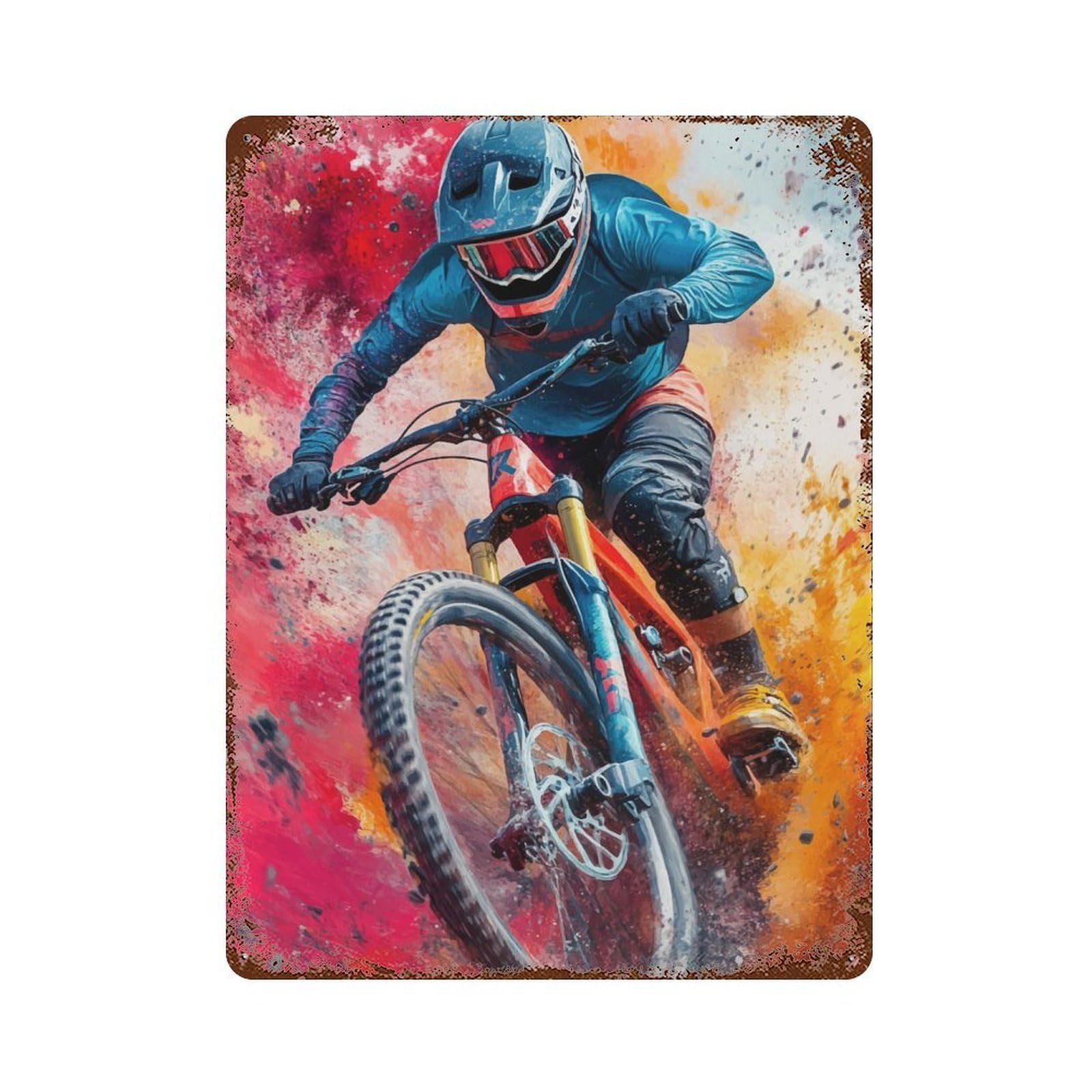 Mountain Biker in Action Decorative Tin Sign 15.7"x11.8", for Bistro, Counter And Cafe Decor, Retro Wall Decor