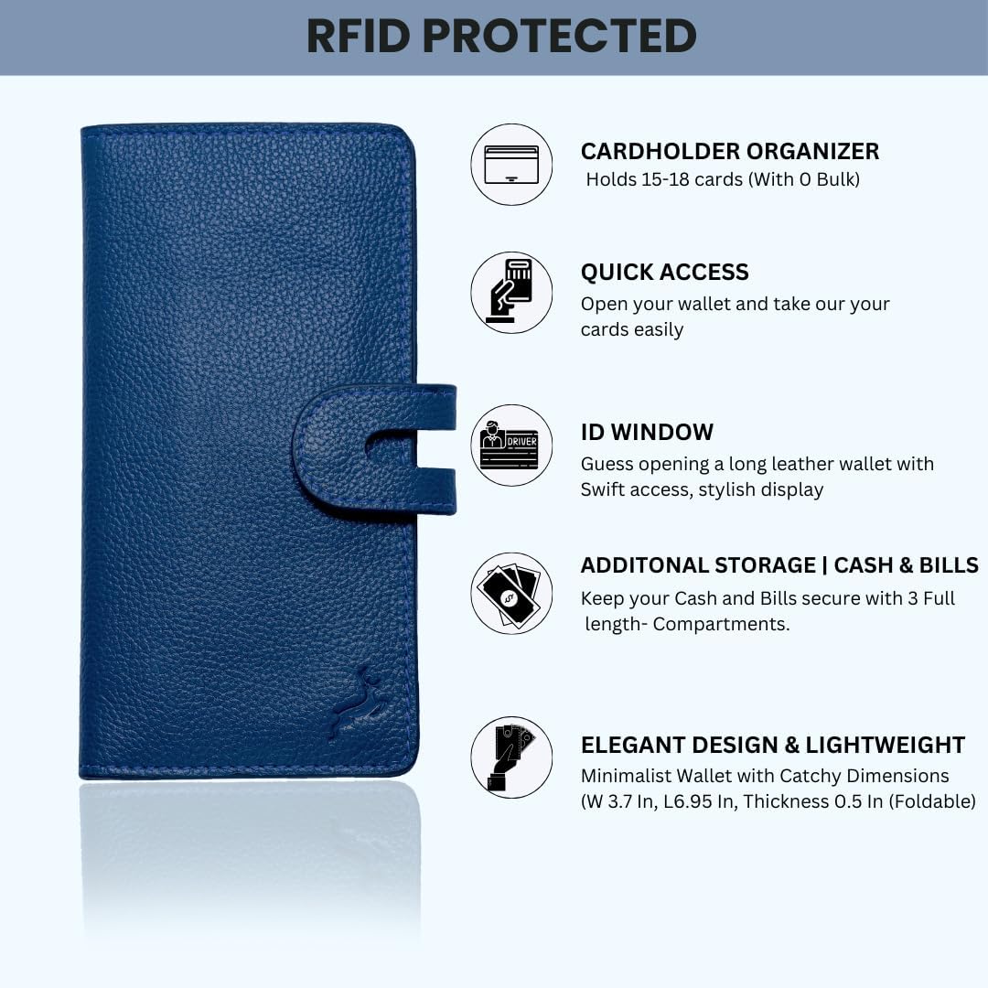 womens wallet (Holds 15-18 Cards, 4 Flat Pockets, 1 ID Windows) Genuine Leather clutch purses for women | Slim long wallets for women | rfid blocking wallet (blue wallets for women) - Image 4