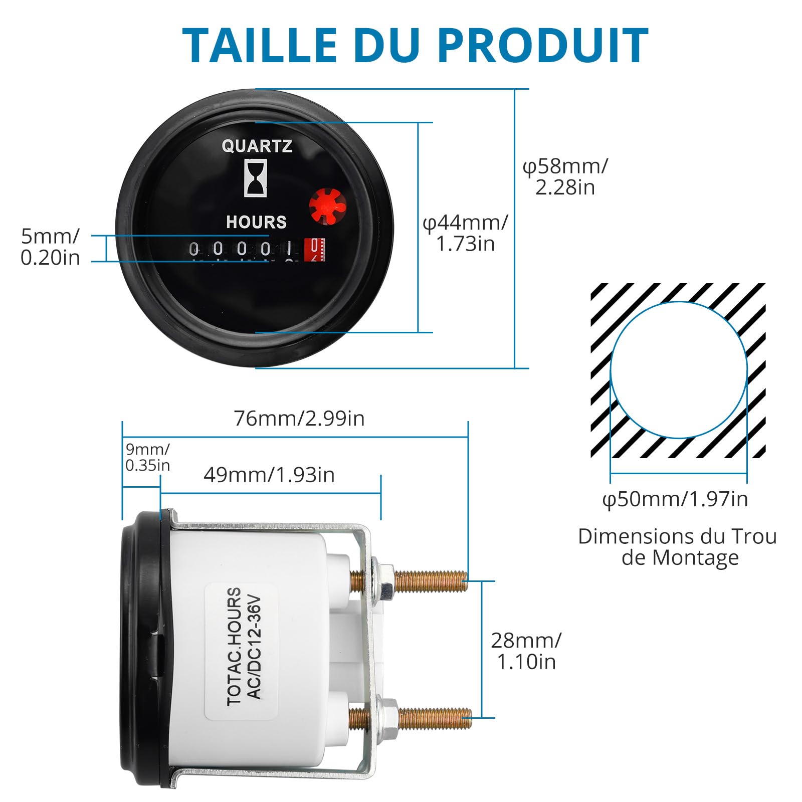AUTOUTLET Compteur d'heures à quartz industriel 6 V-80 V, 12 V avec support de montage en métal, anti-vibrations, étanche, design à quartz pour intérieur et véhicule