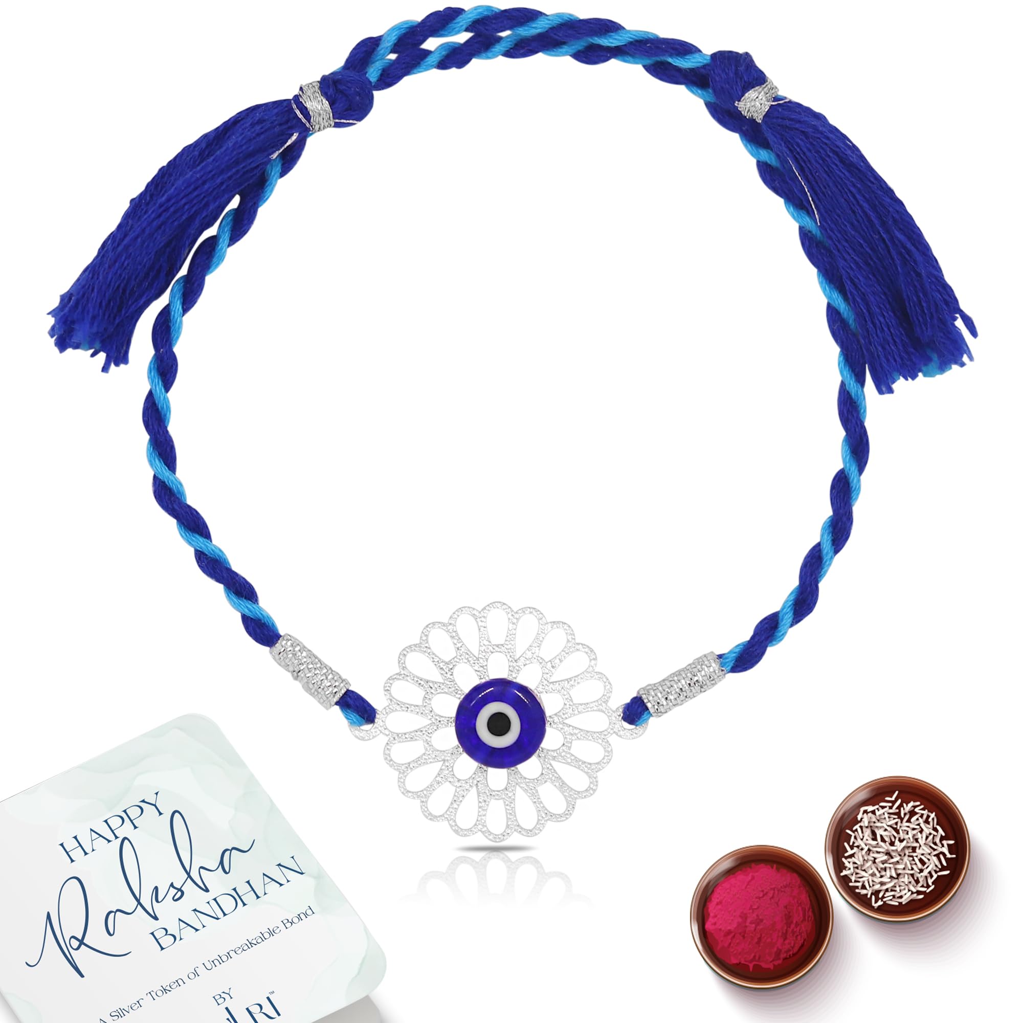 ZULRI 925 Sterling Silver Evil Eye Cotton Thread Rakhi For Bhai on Rakshabandhan With Greeting Card & Roli Chawal and Certificate of Authenticity (B0CDS1QPCP) Amazon Price History, Amazon Price Tracker