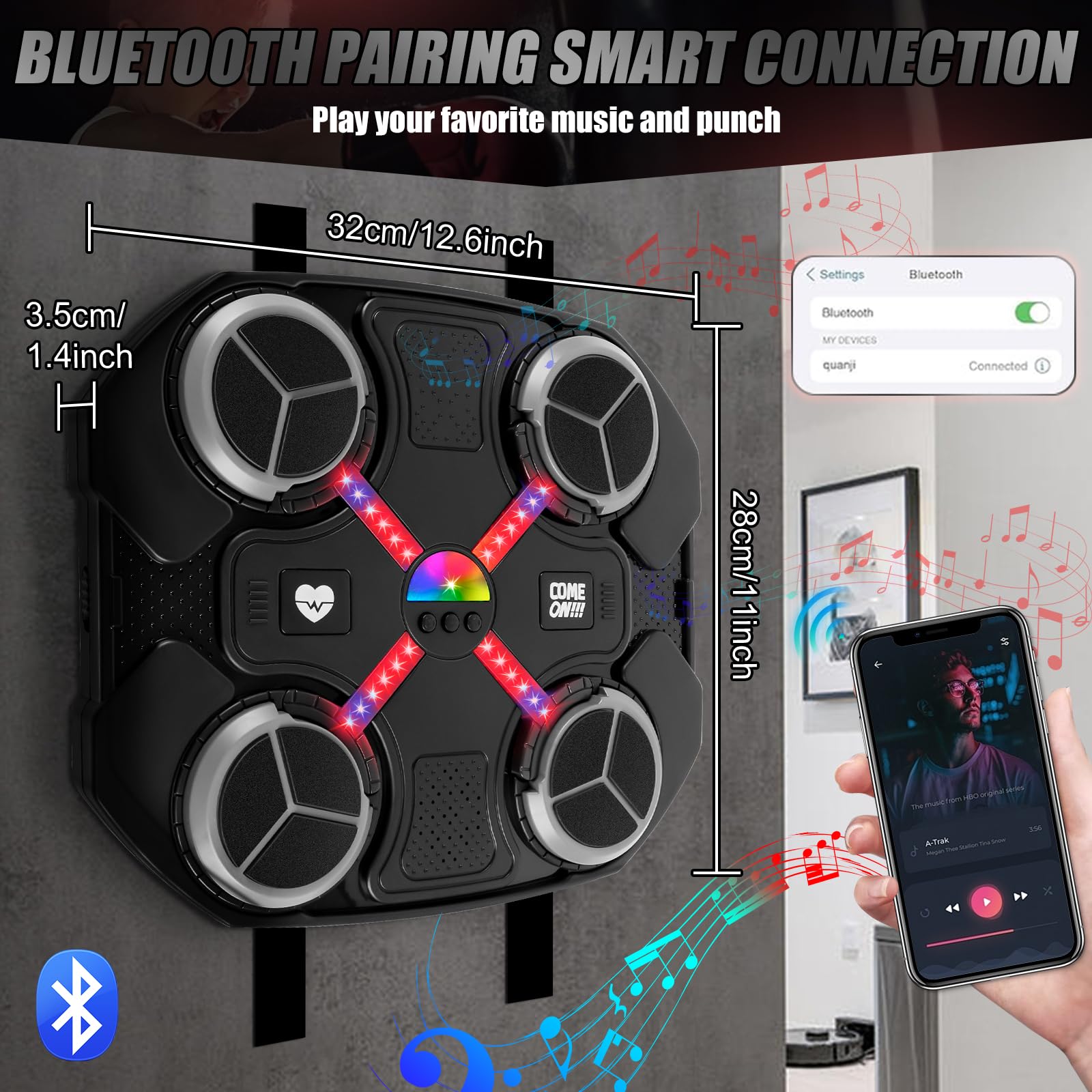Máquina de Boxeo Musical Infantil Inteligente Bluetooth 3 Niveles Velocidad Guantes Luces Frías Montaje Pared