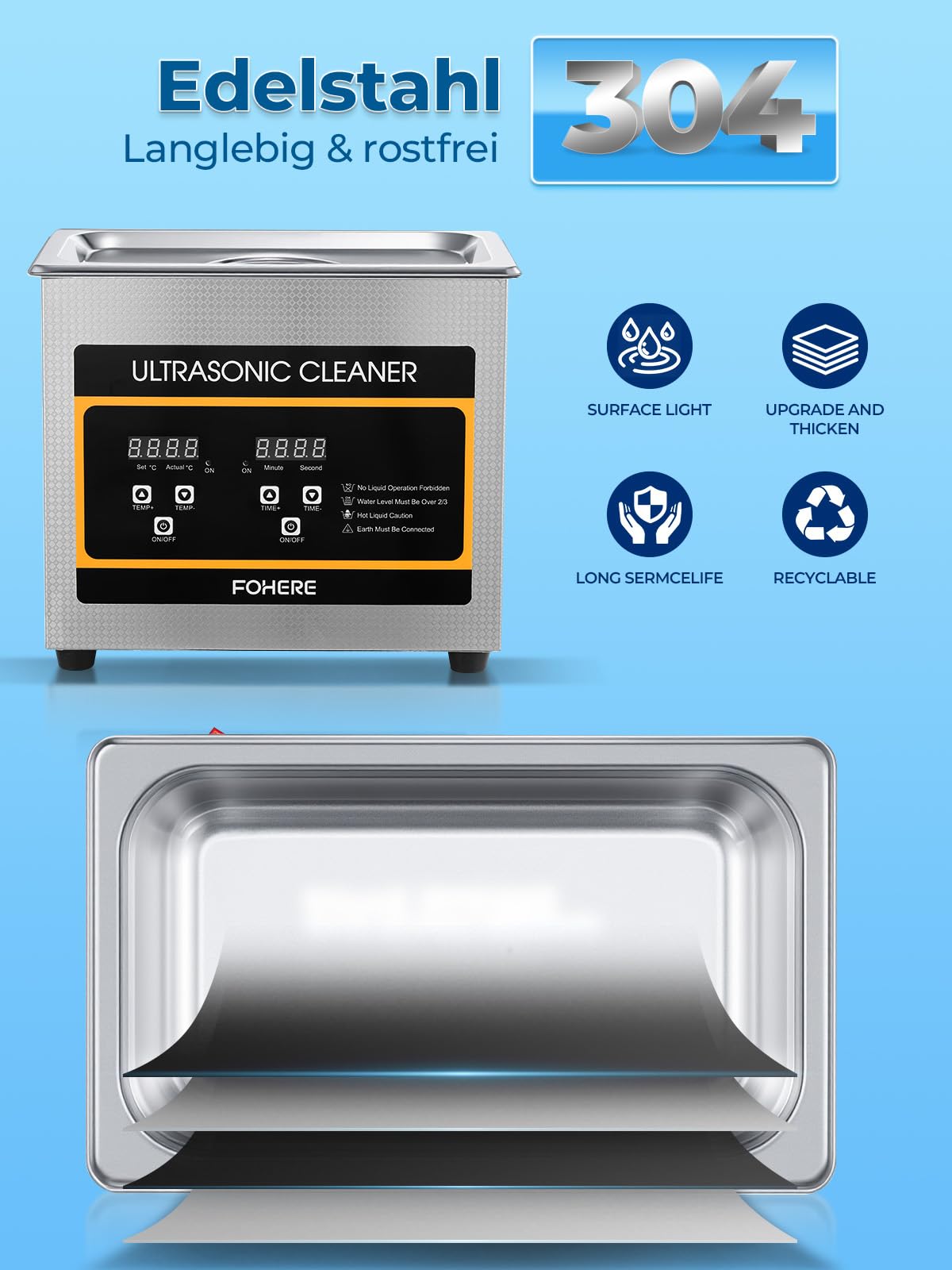 FOHERE Ultraschallreiniger Maschine, Professioneller digitaler Labor-Ultraschall-Teilereiniger mit Heizungstimer, für Schmuckaufbereitung, Autoteile (Ventile/Getriebe), Waffenteile (3.2L)
