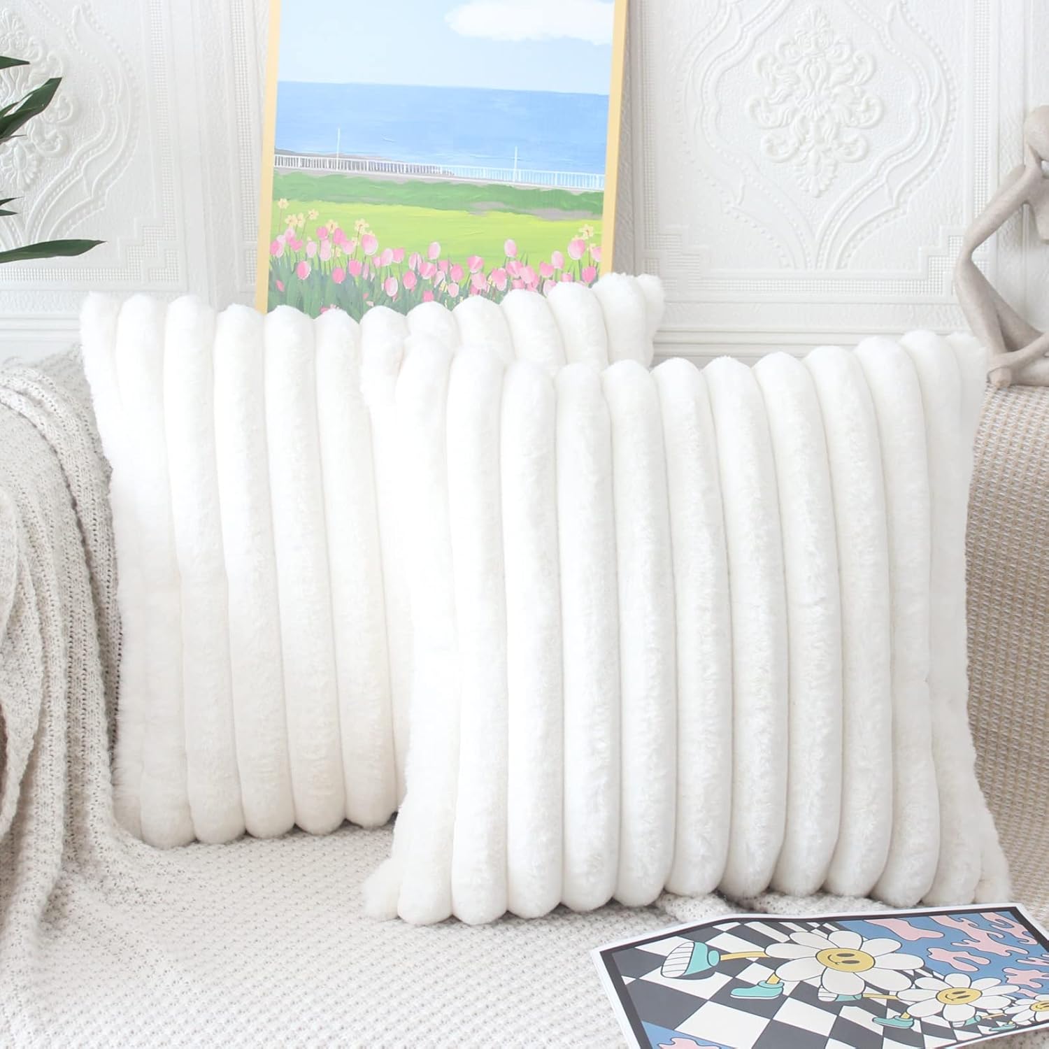NIULAA Cream White Cushion Covers 50cm x 50cm Fluffy Faux Fur Cushion
