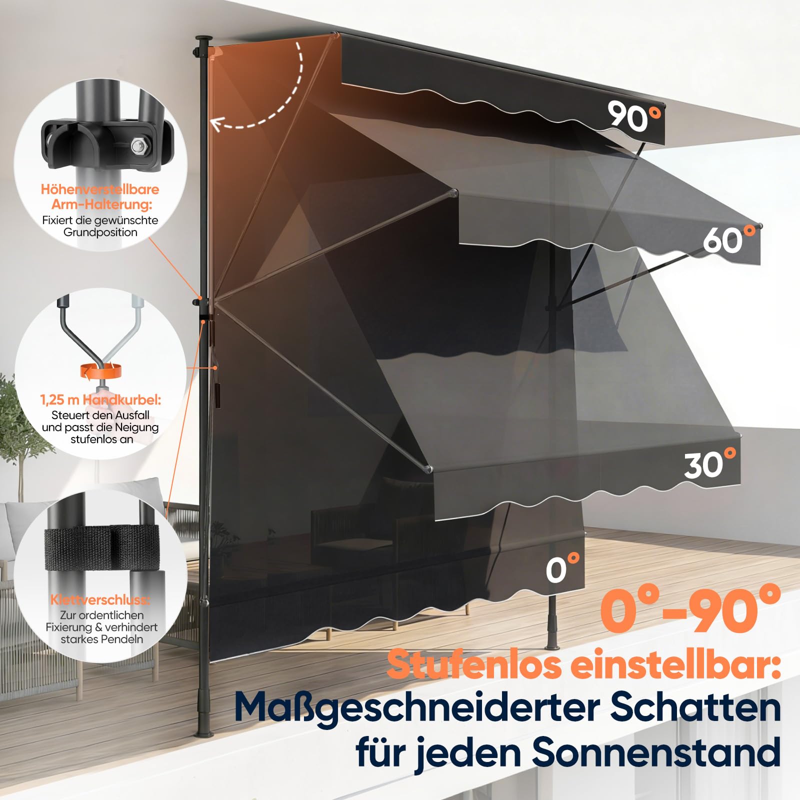 Sekey Klemmmarkise 300 cm breit, Markise Balkon ohne Bohren mit Handkurbel, 130 cm Ausfall, 0-90° neigbar, UV-beständiger Sonnenschutz & wasserdicht (280g/m²), für Balkon, Terrasse & Garten, Anthrazit
