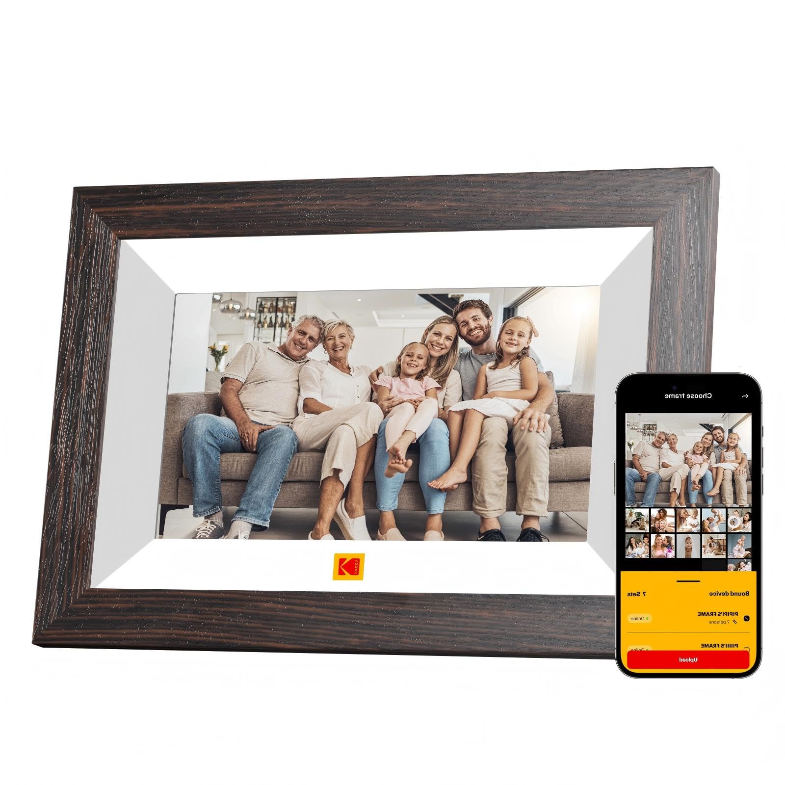 KODAK Cornice Digitale WiFi Cornice Foto Digitale, 7 Pollici HD IPS Touchscreen, Legno Cornici Elettronica con 32GB di Memoria, Portafoto Digitale Condivisione di Foto/Video via APP o Cavo di USB C