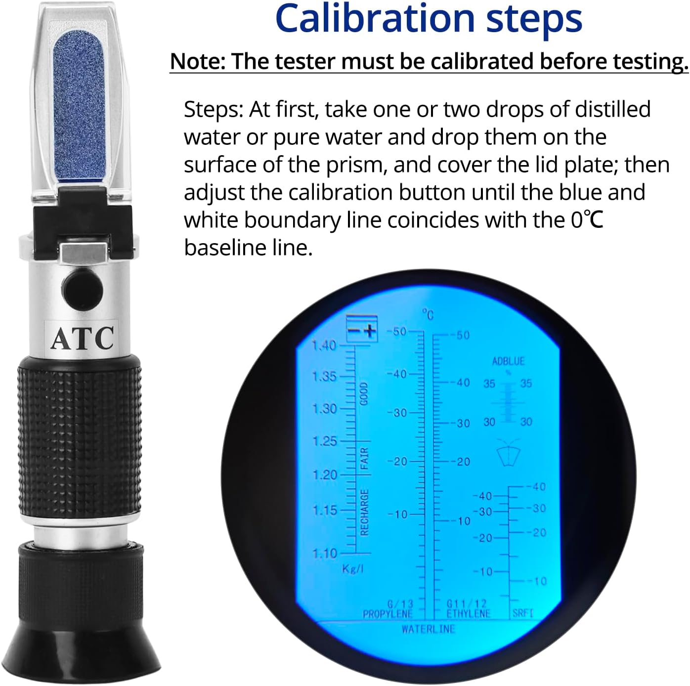 Image illustrating the calibration steps for the refractometer. A drop of distilled water is placed on the prism, and the calibration screw is adjusted until the blue and white line aligns with the 0°C baseline.