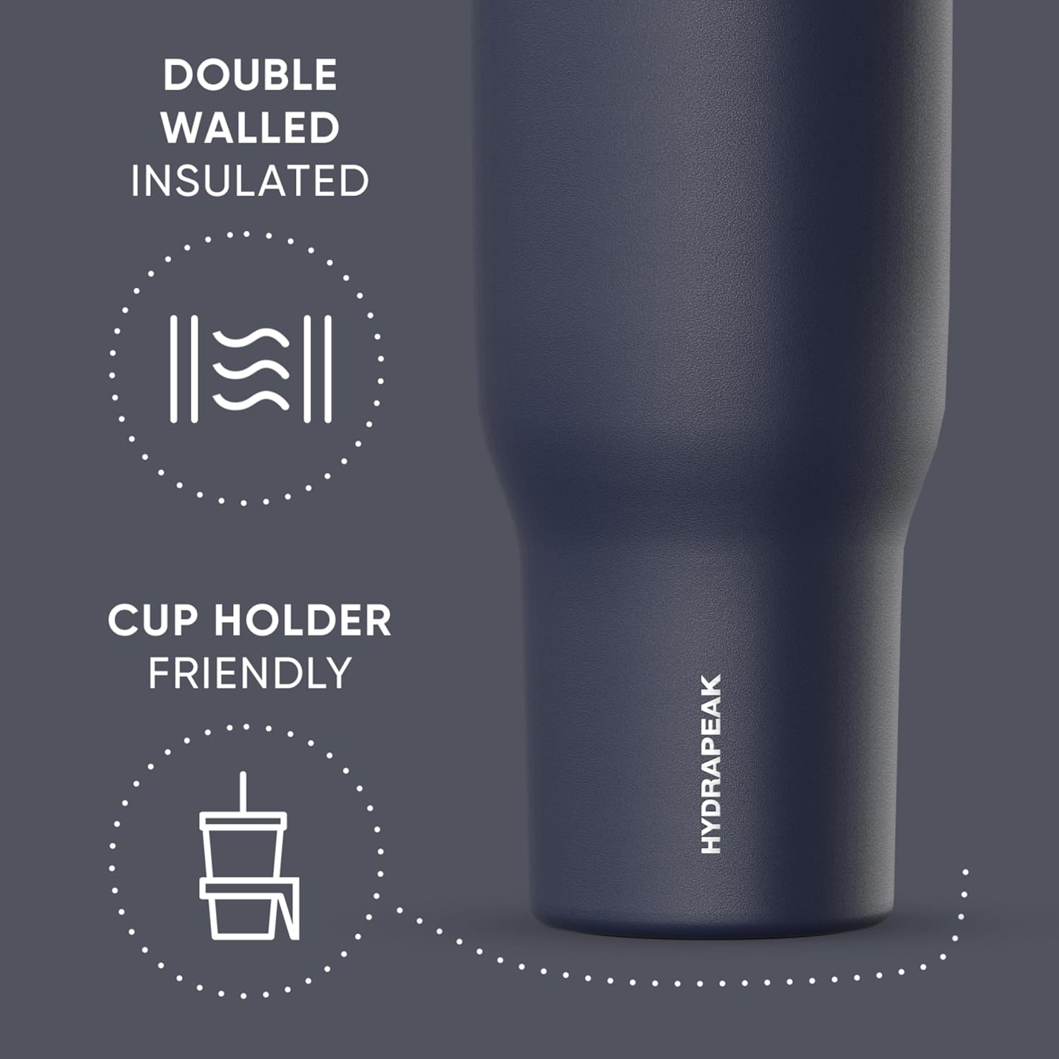 Hydrapeak Voyager 40 Oz Stainless Steel Tumbler with Handle, Insulated Water Bottle With Straw & Lid, Cupholder Friendly Reusable Travel Mug (Navy) - Image 3