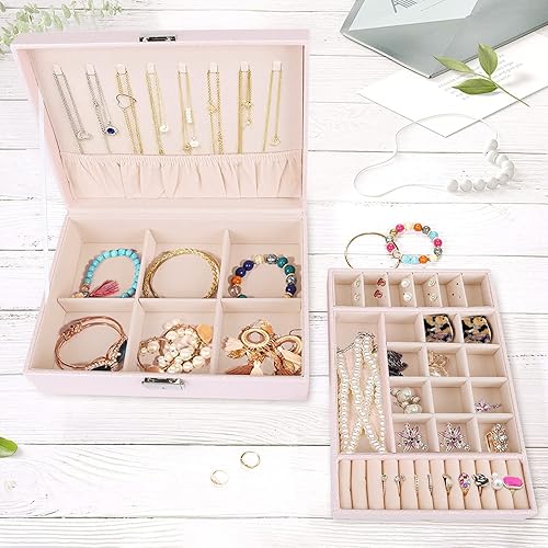 Miniatura 6 de Cajas de joyería para mujer caja organizadora grande de piel sintética caja de almacenamiento de joyas de 2 capas con cerradura caja de joyería rosa