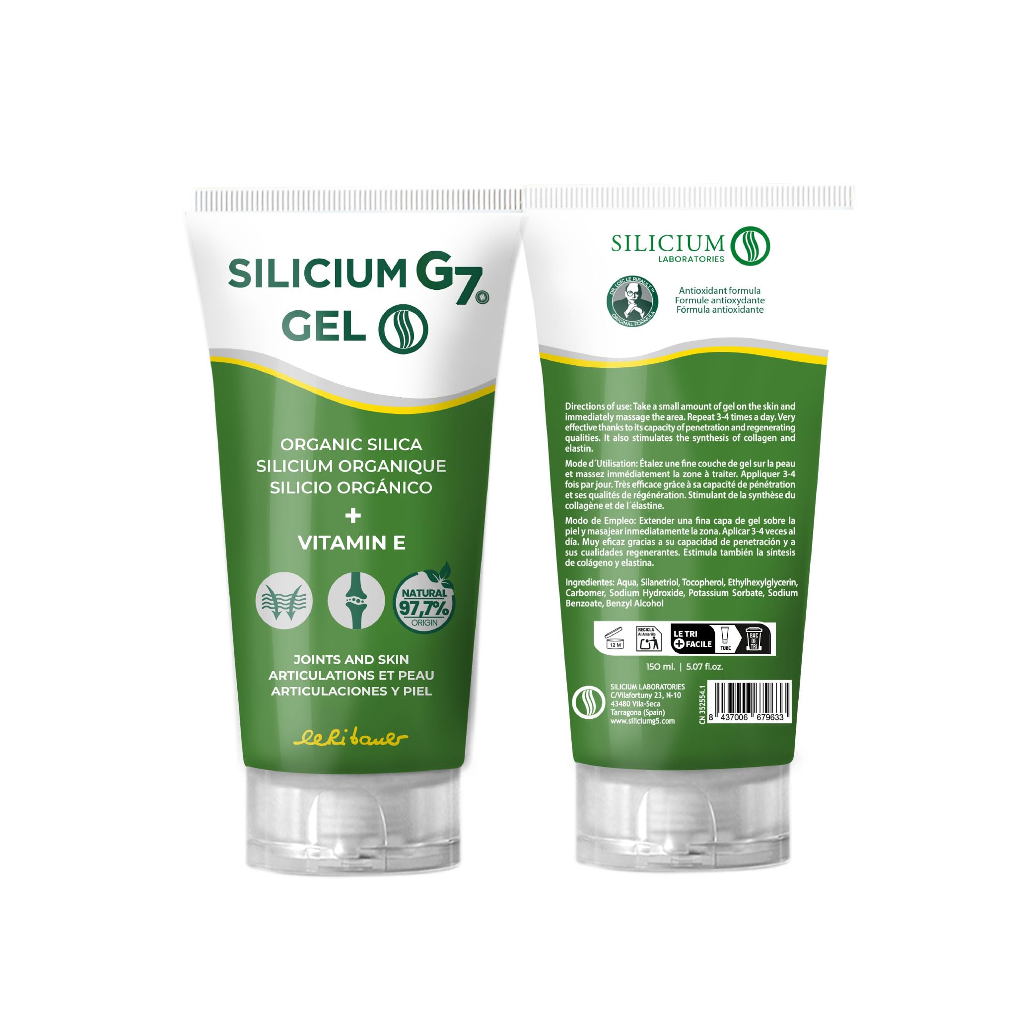 Silicium G7 Gel Corporal con Alta Concentración de Silicio para Articulaciones y Músculos Absorción Rápida Textura Ligera Uso Diario Formato Tópico sin Parabenos. 150 ml