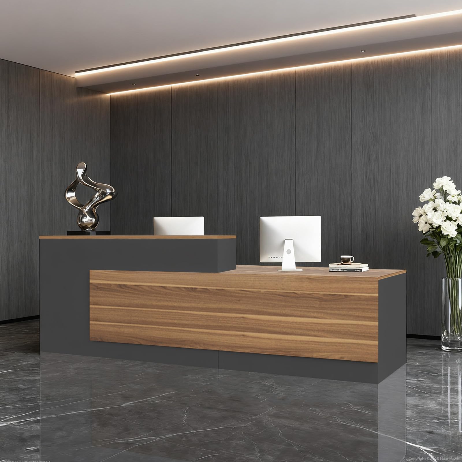 Modern L-Shaped Reception Desk with Hutch, Reception Counter Table, Lockable Drawer Door Cabinet, Office Wooden Computer Front Desk (European Oak+lron Gray-Left Cabinet, 94L*24" W*41" H)