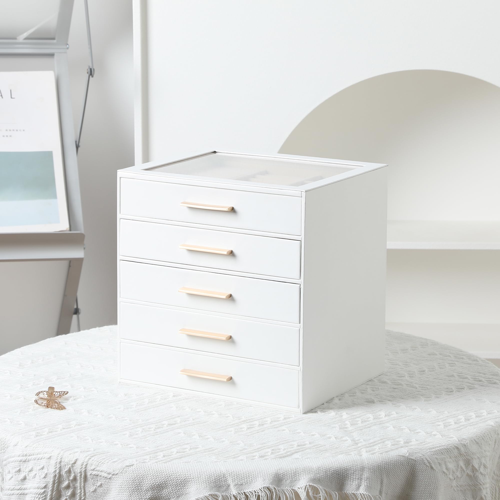 Joyero con tapa transparente, organizador de joyas de 5 capas con cajón, organizador de joyas de piel sintética y almacenamiento, cajas de joyería para mujeres, almacenamiento de joyas para 6