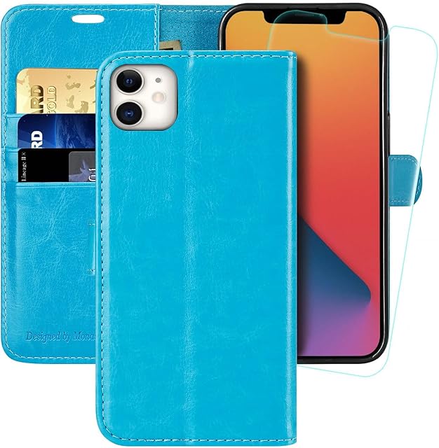 MONASAY iPhone 11 Wallet Case,6.1-inch [Glass Screen Protector Included][RFID Blocking] Flip Folio Leather Cell Phone Cover with Credit Card Holder for iPhone 11 Light Blue