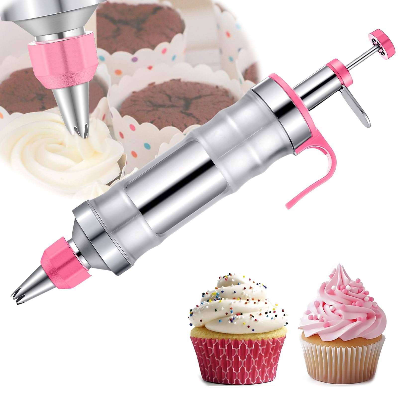 Qxiao Pink Dessert Decorating Syringe Set Stainless Steel Durable Icing Piping Syringe Kit Professional Piping Icing Syringes 9Pcs Set Stainless Steel Frosting Baking Tool Accessory For Diy Baking Cake Cookie