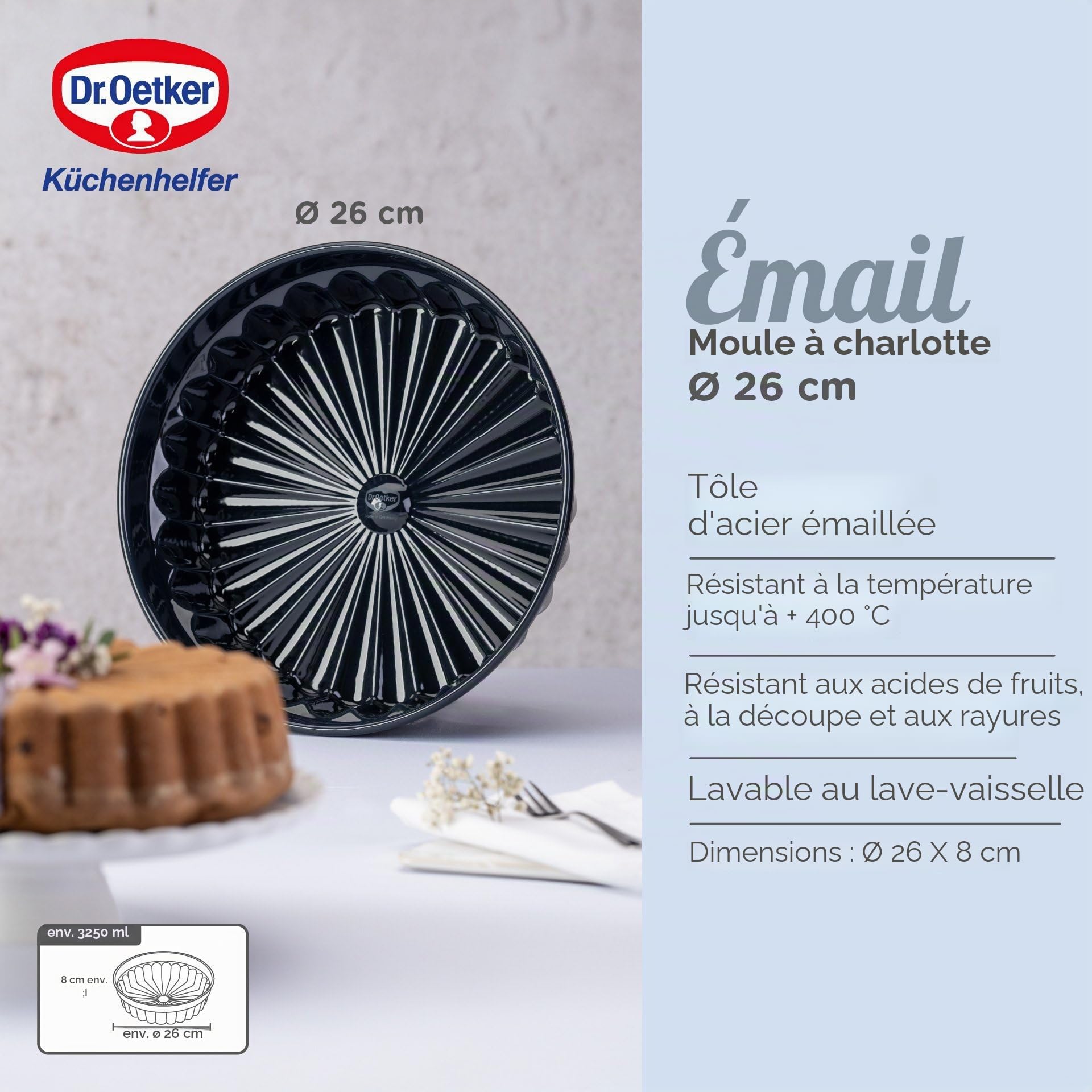 Dr. Oetker Moule à charlotte Back-Liebe émaillé, diamètre : 28 cm, revêtement en émail de qualité supérieure, résistant aux coupures et aux rayures, bleu océan, passe au lave-vaisselle, moule à gâteau