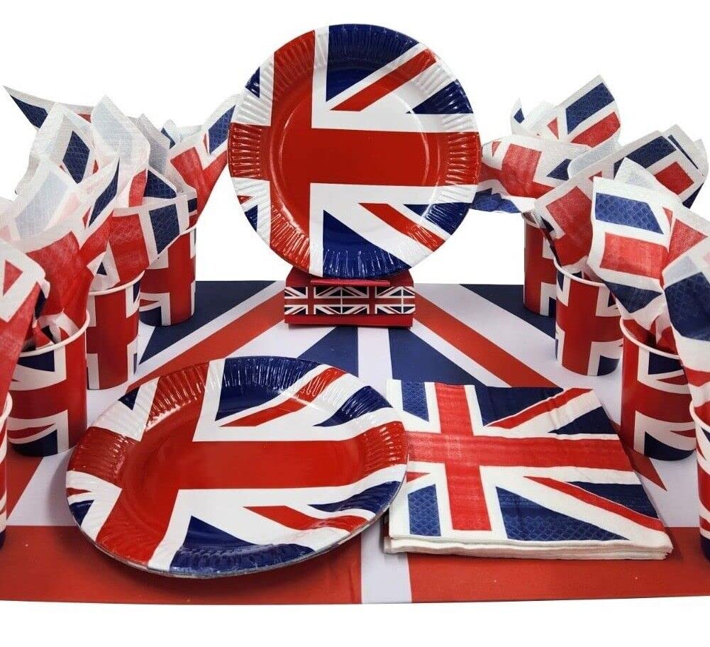 16 Person Party Set Union Jack Plates Cups Napkins Tablecloth King Charles III VE day 2026 anniversary