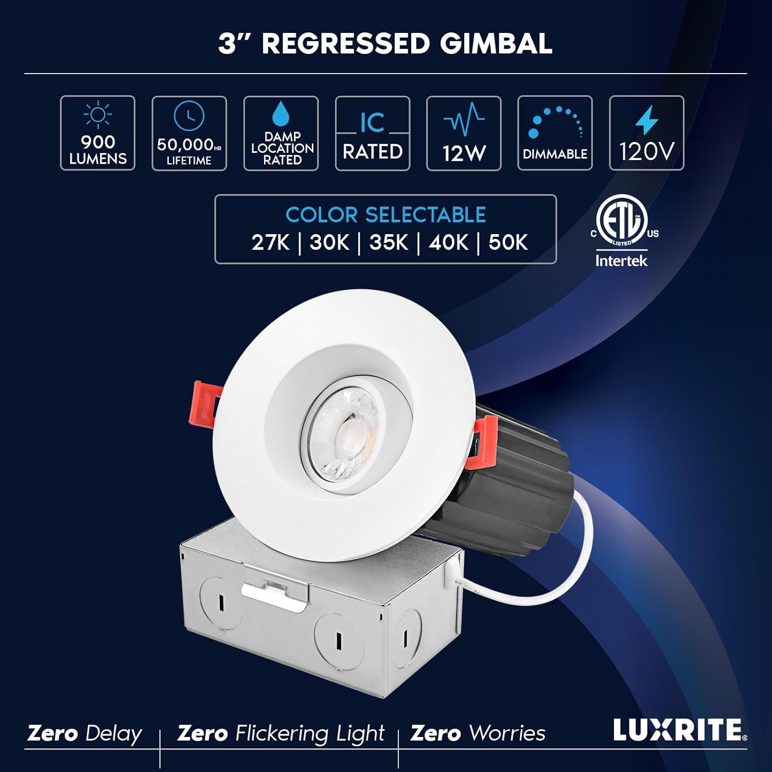 LUXRITE 3 Inch Gimbal Adjustable LED Recessed Light with J-Box, CRI90, 12W, 5 Color Selectable 2700K-5000K, 900 Lumens, Dimmable, Directional LED Downlight, IC Rated, Damp Rated, ETL Listed