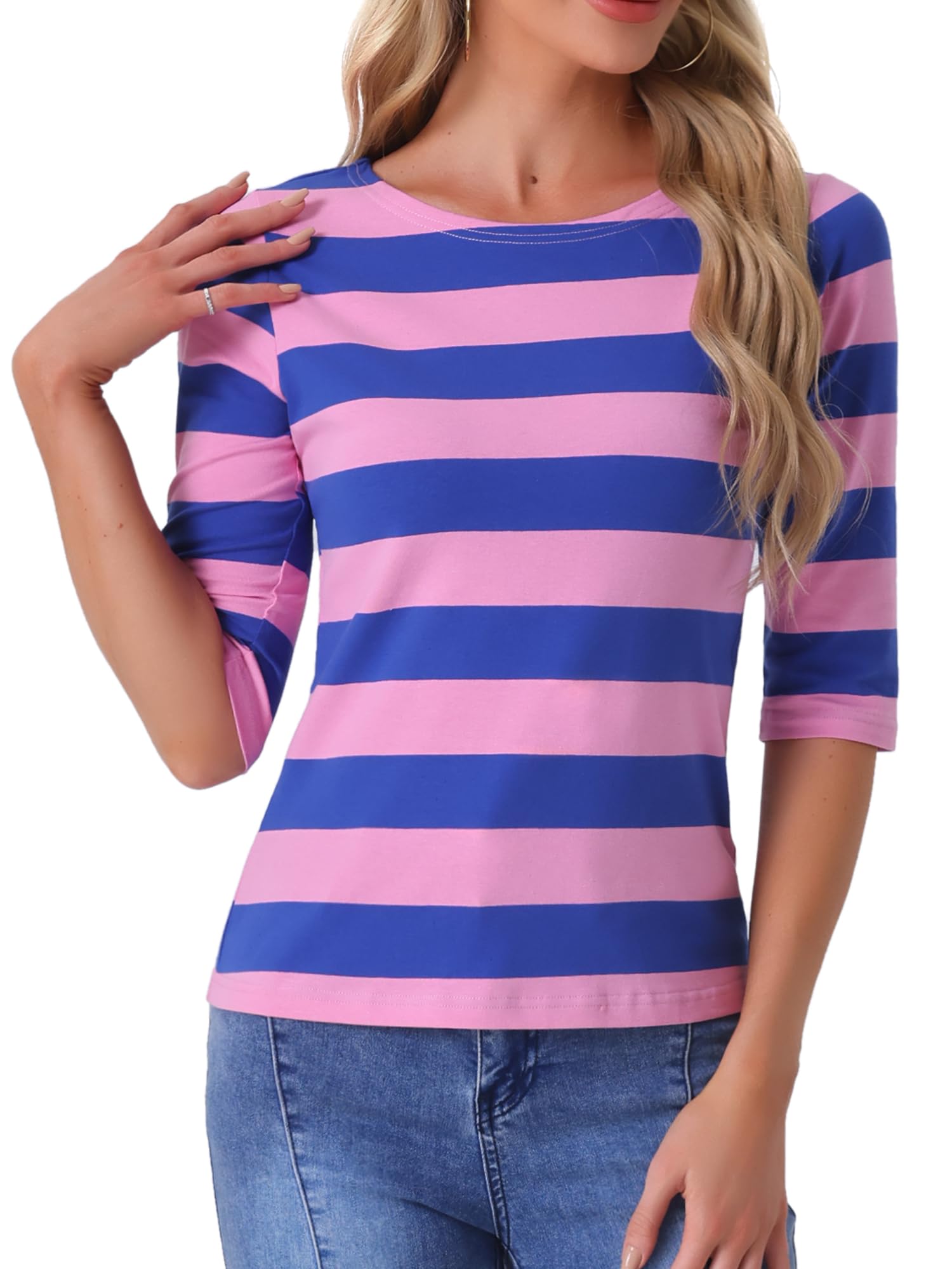 Allegra K Women's Striped Shirt Elbow Sleeve Slim Fit Tops Casual Basic Boat Neck Top