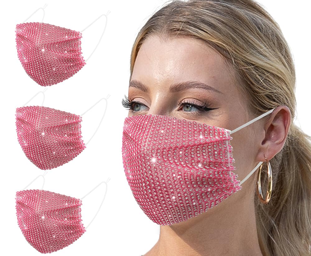 Auriviz 3 Pcs Rose Red Mesh Crystal Women Rhinestone Face Mask Party Bling Halloween Accessories Adult Masks Sequin Glitter Christmas Decorations Women Sparkly Face Masks Female Gift Decor Face Cover