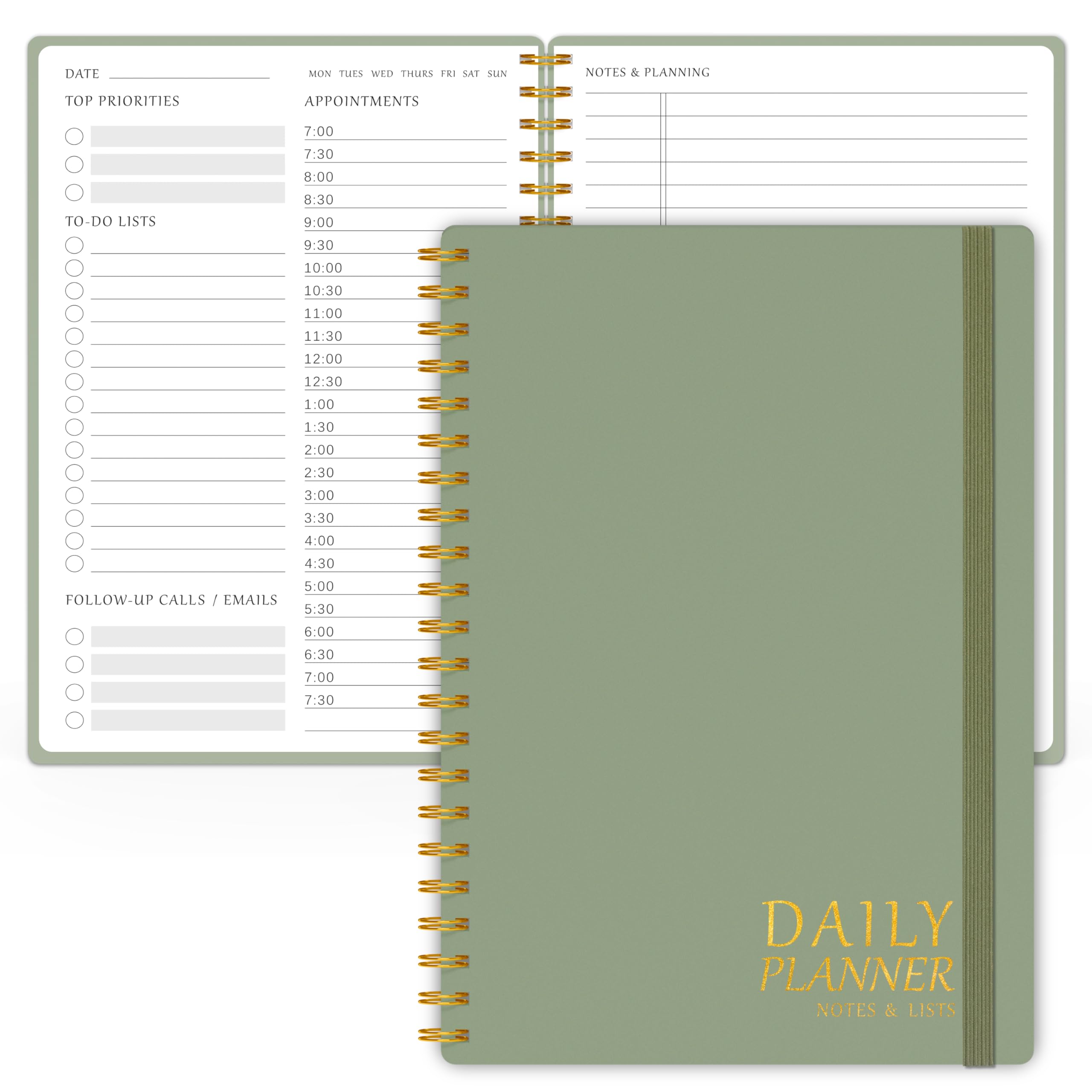 Daily Planner Undated - Simplified To-Do List Notebook with Hourly Schedule, Spiral Appointment Organizer, 5.5" x 8.5", Boost Productivity & Manage Tasks Effectively, Green