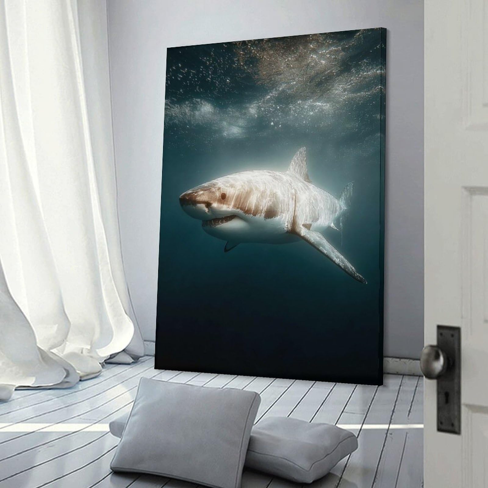 Junmoney Wall Art Print Great White Shark Underwater Portrait, 24x36inch(60x90cm), for Picture Wall Styling in Lounge Or Bedroom, Wall Decor Suited to Curated Displays
