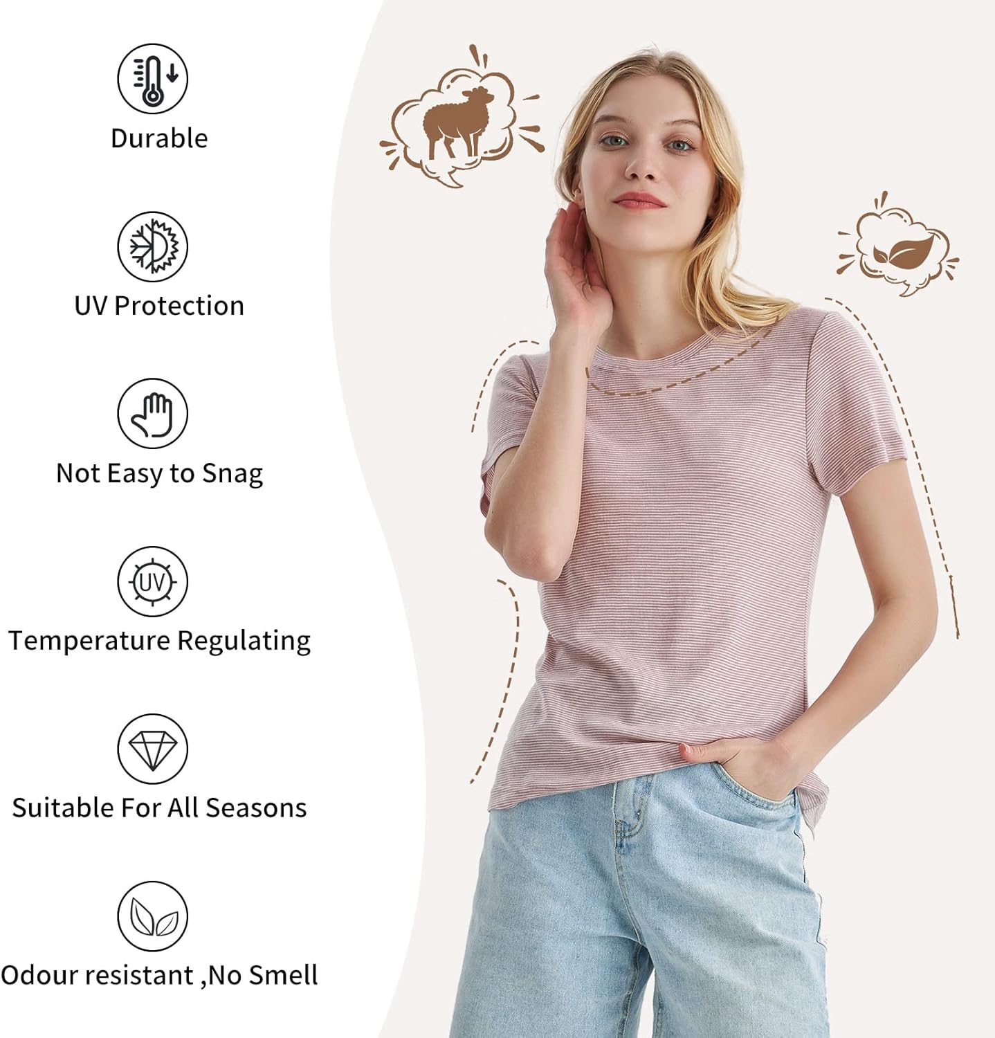 Merino Protect 100% Merino Wool T Shirts Women Crew Neck Tops Short Sleeve Odor Resistance Base Layer Travel Hiking Tee Shirt - Image 4