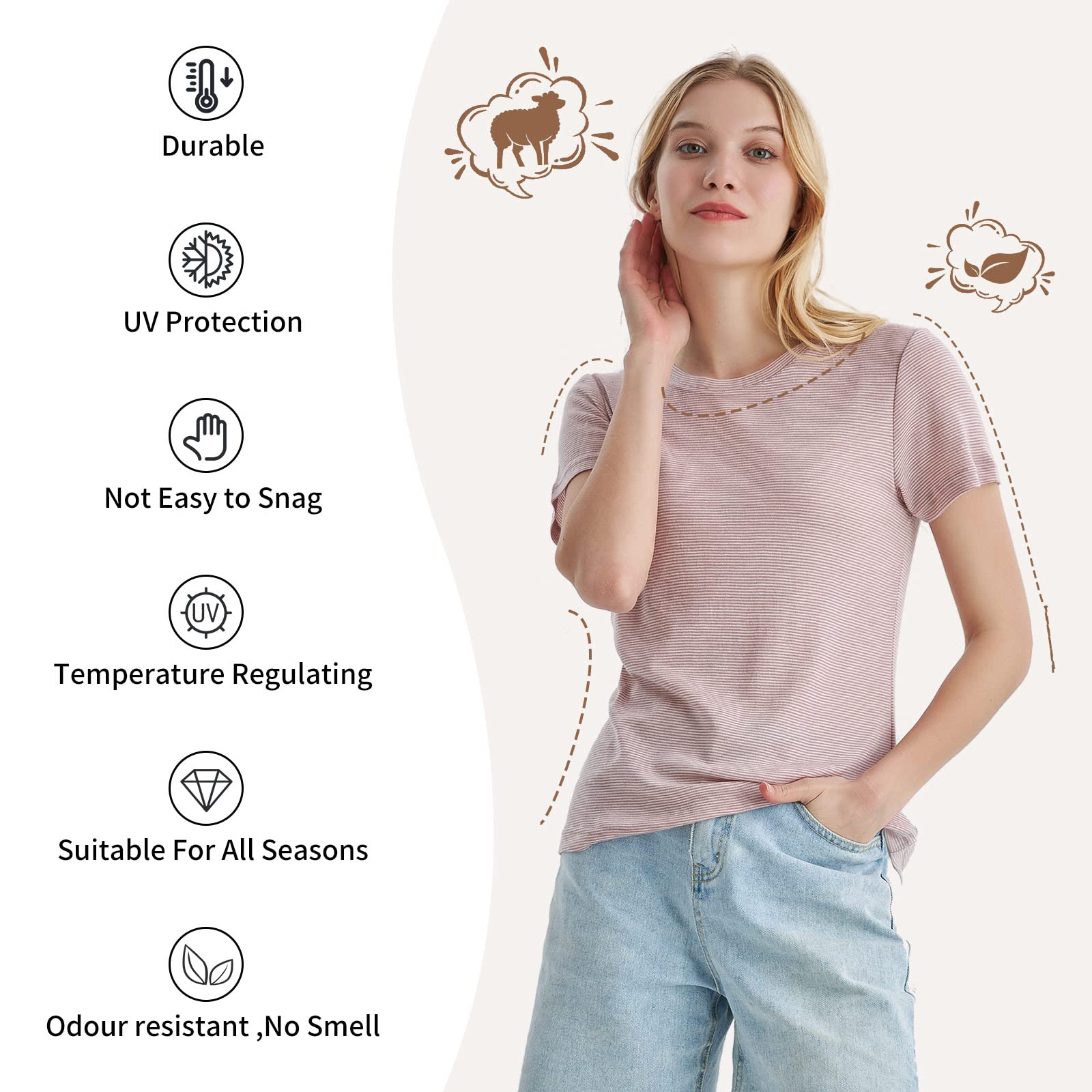Merino Protect Camiseta 100% Lana Merino para Mujer Cuello Redondo Manga Corta Resistencia A Olores Capa Base para Viaje Senderismo Camiseta Interior