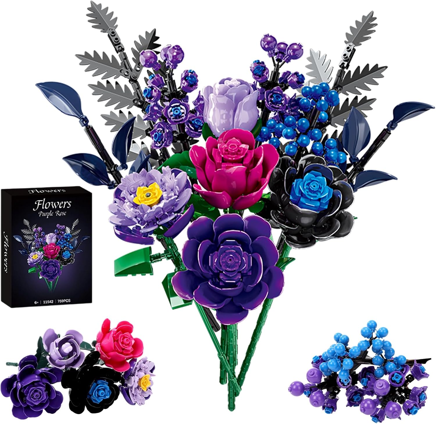 759 Pcs Purple Rose Flower Bouquet Building Set, Botanical Collection Kit Artificial Fake Flowers Blocks, Home Table Decor Aesthetic for Valentine's Day Birthday, DIY Craft, Floral Gift Without Vase