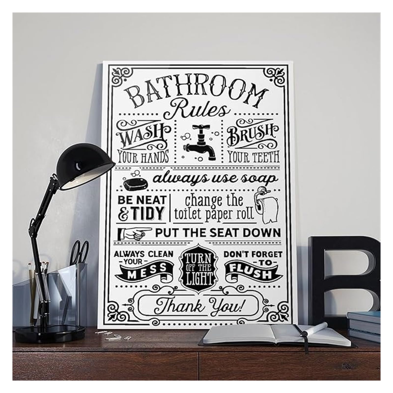 ZDVHOMCB Funny Bathroom Rules Poster Farmhouse Rustic Sign Humorous Toilet Rules Wall-Art Decor for Bathroom Restroom Washroom Framed,16x24inch(40x60cm)
