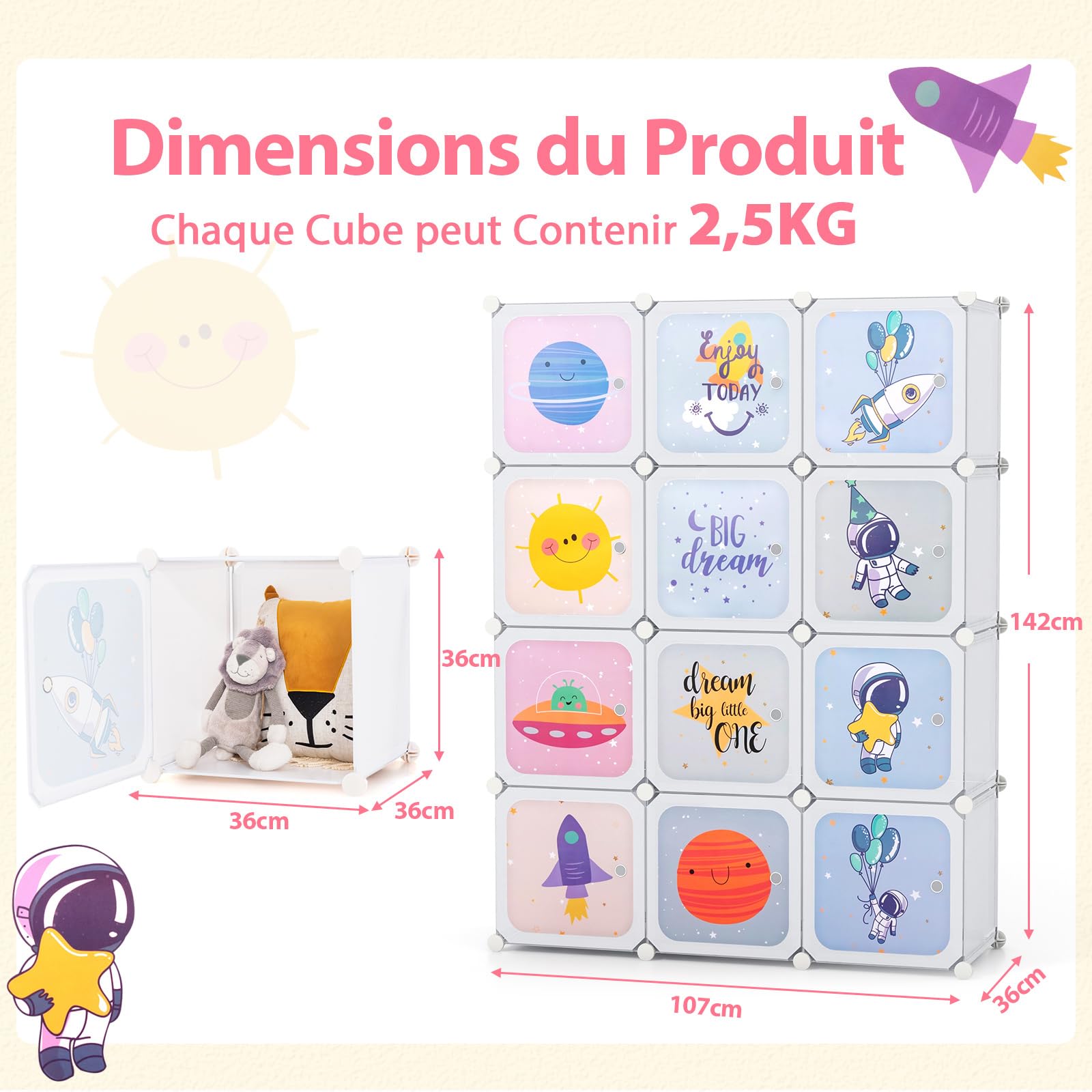 DREAMADE Meuble de Rangement Enfant 12 Cubes,Armoire Modulable Enfants avec Portes&Tringle à Vêtements,Étagères Motif Mignon pour Chambre d'enfants,107x36x142CM (Blanc-Espace)