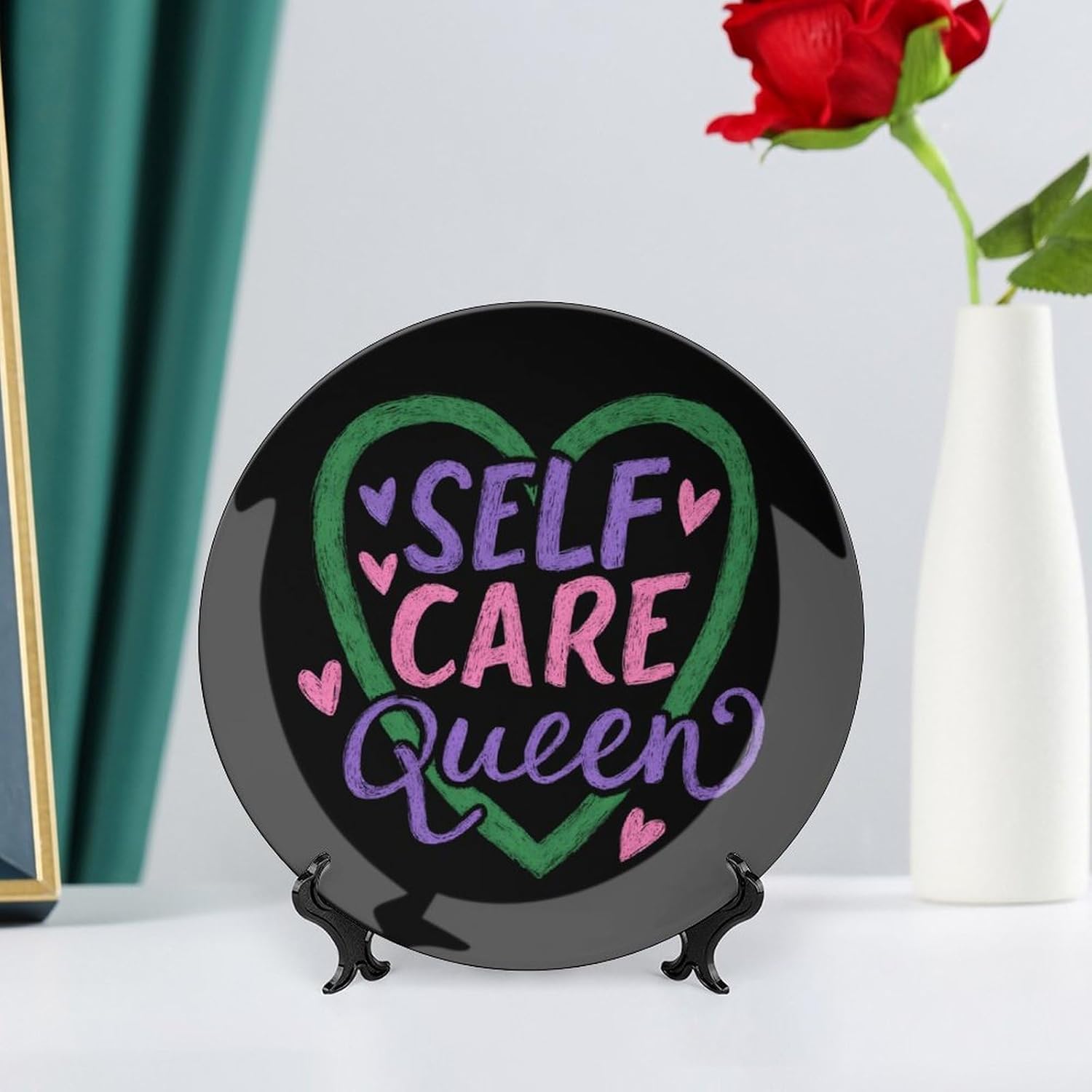 Self-Care Queens Decorative Plates for Display Ceramic Plate Tray with Stand Hanger Home Decor